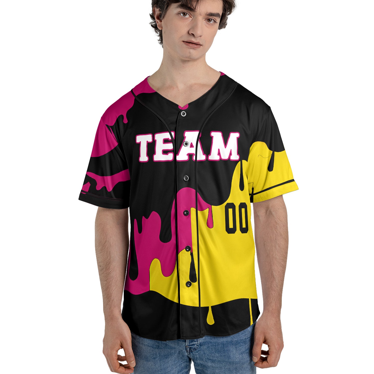 Custom Drip Art Baseball Jersey in Neon Yellow and Magenta on Black