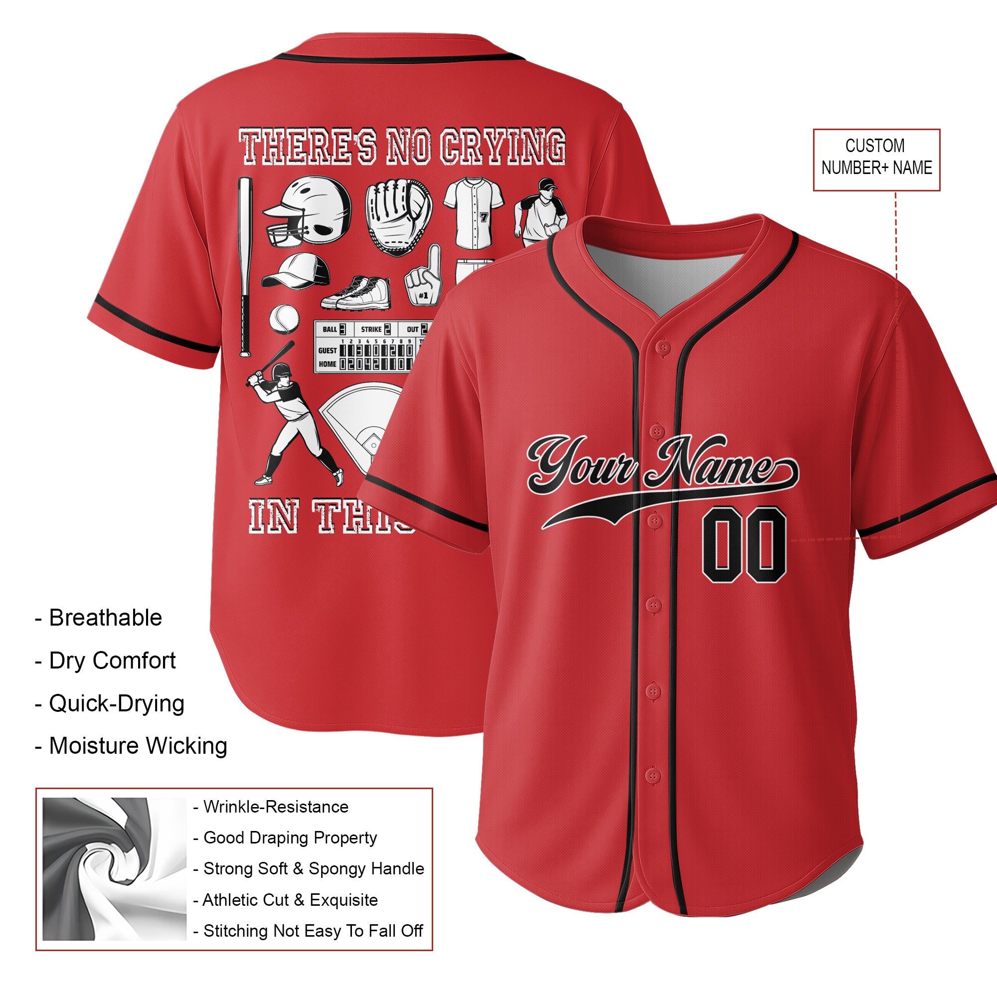 There's No Crying In This Game - Custom Red Black Baseball Jersey