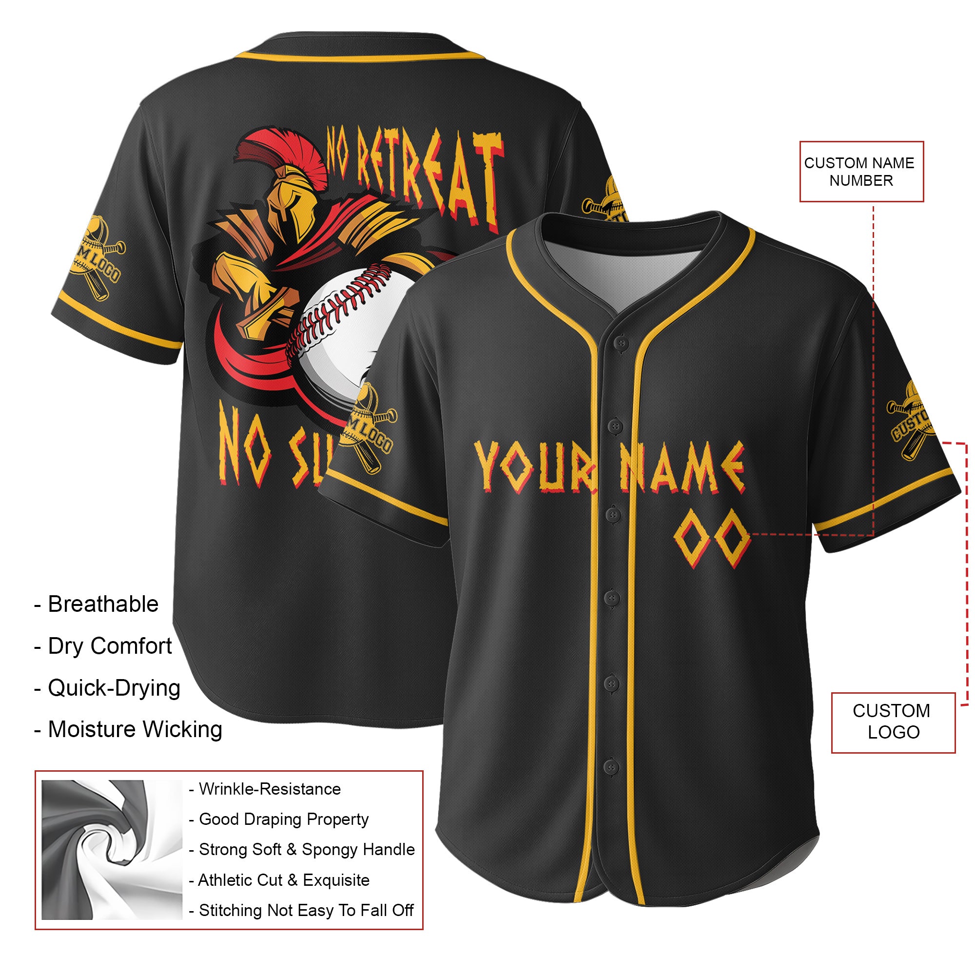 No Retreat No Surrender - Custom Black and Gold Baseball Jersey