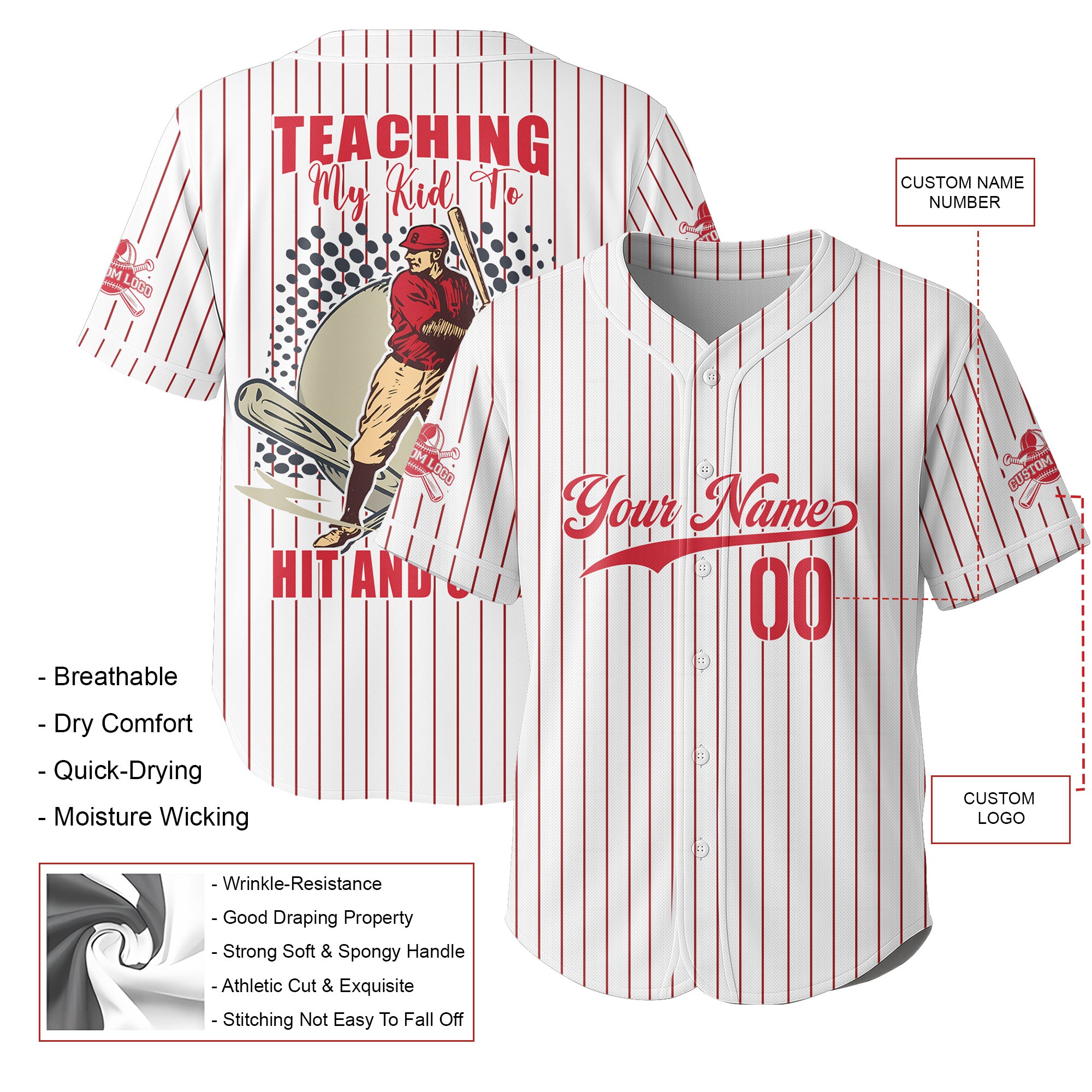 Teaching My Kid To Hit And Steal - Custom White and Red Striped Baseball Jersey