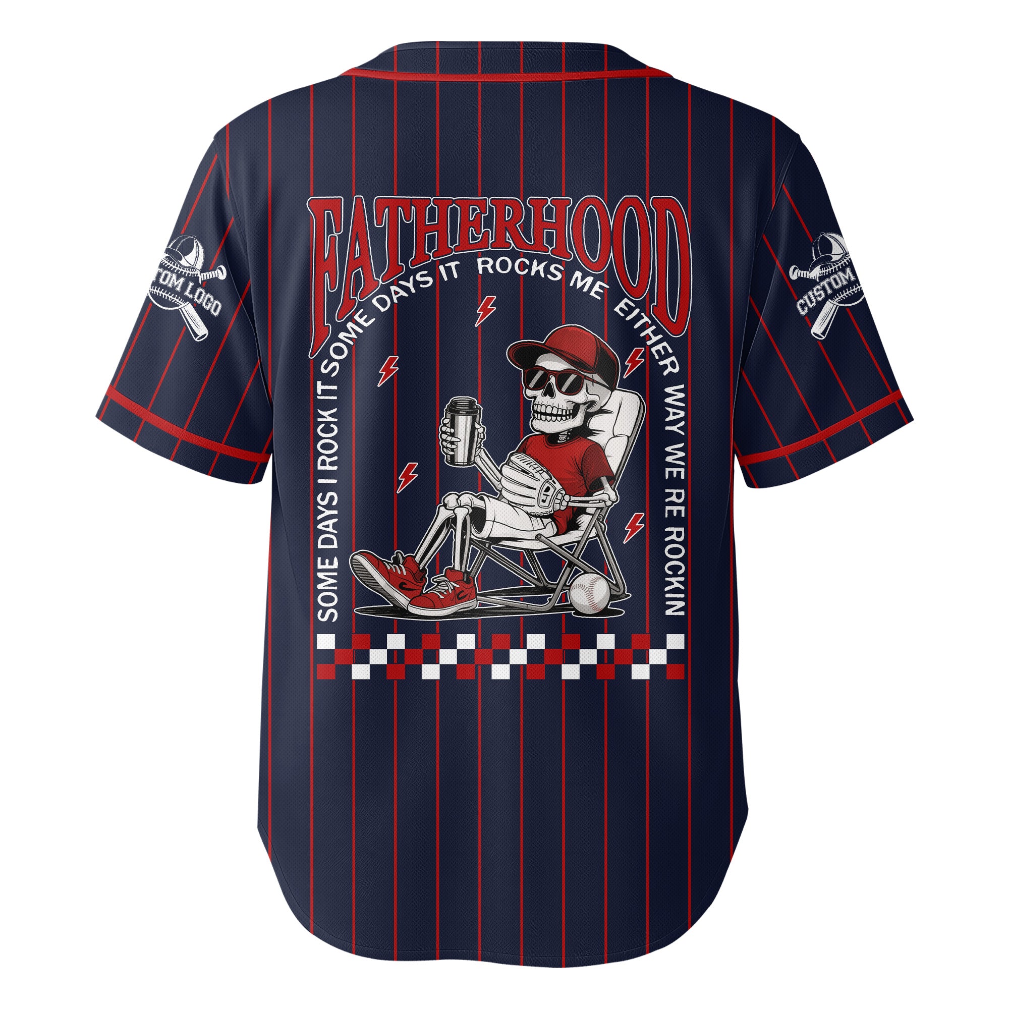 FATHERHOOD - Some Days I Rock It, Some Days It Rocks Me, Either Way We're Rockin - Custom Navy Red Baseball Jersey