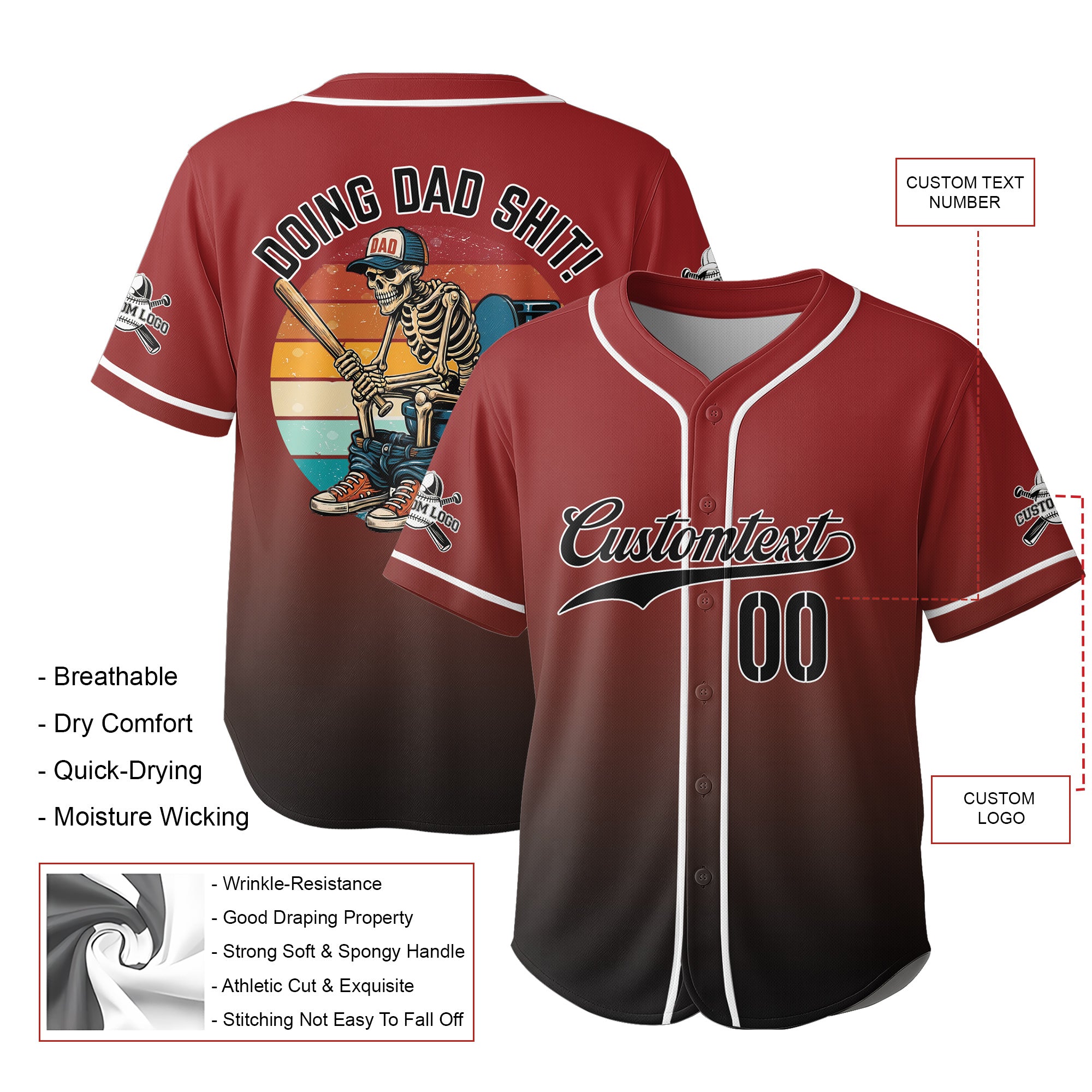 Doing Baseball Dad Shit - Custom Black and Red Gradient Baseball Jersey