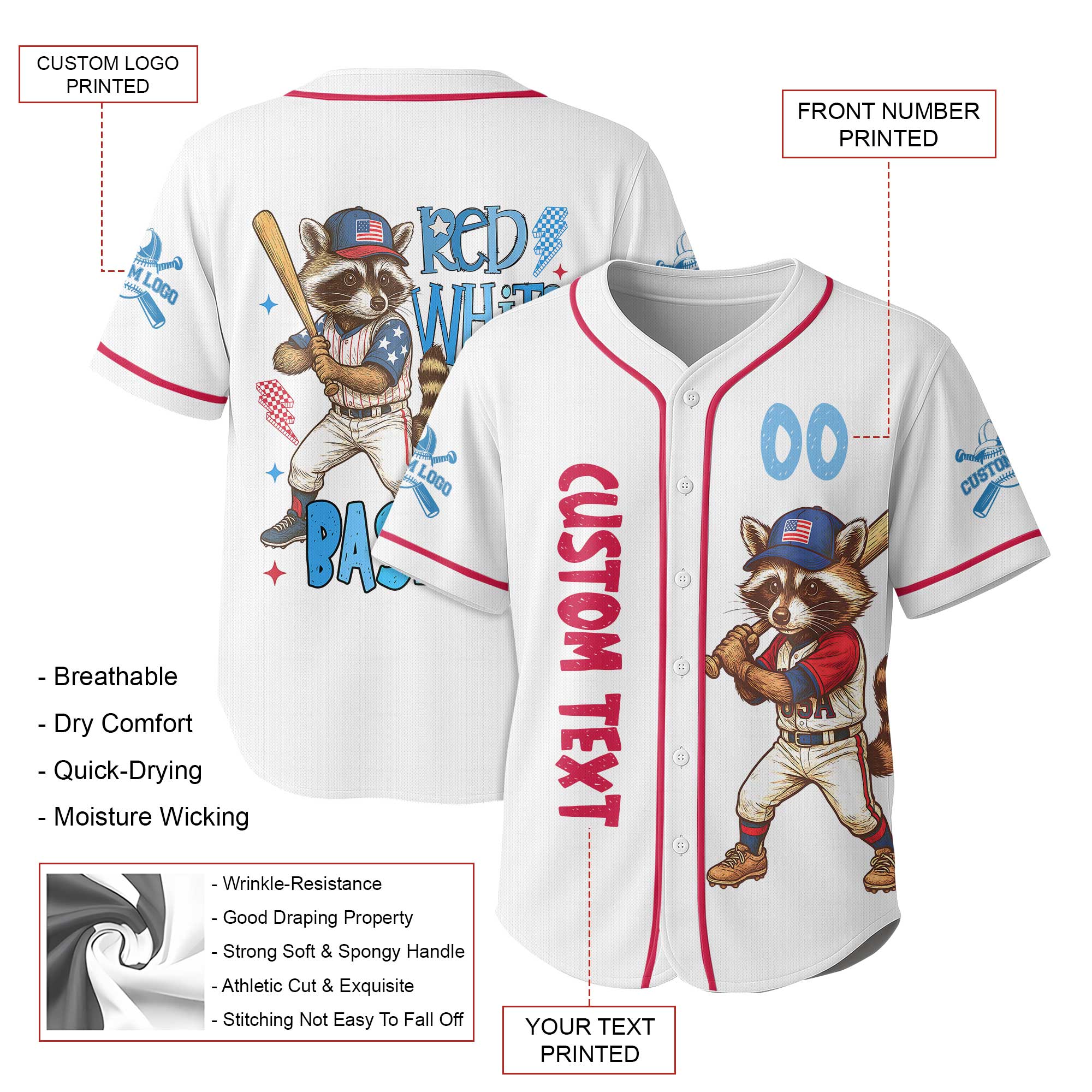 Red White, and Baseball - Racoon Baseball Player White Jersey - Personalized USA Baseball Jersey, Custom 4th of July Independence Day Patriotic