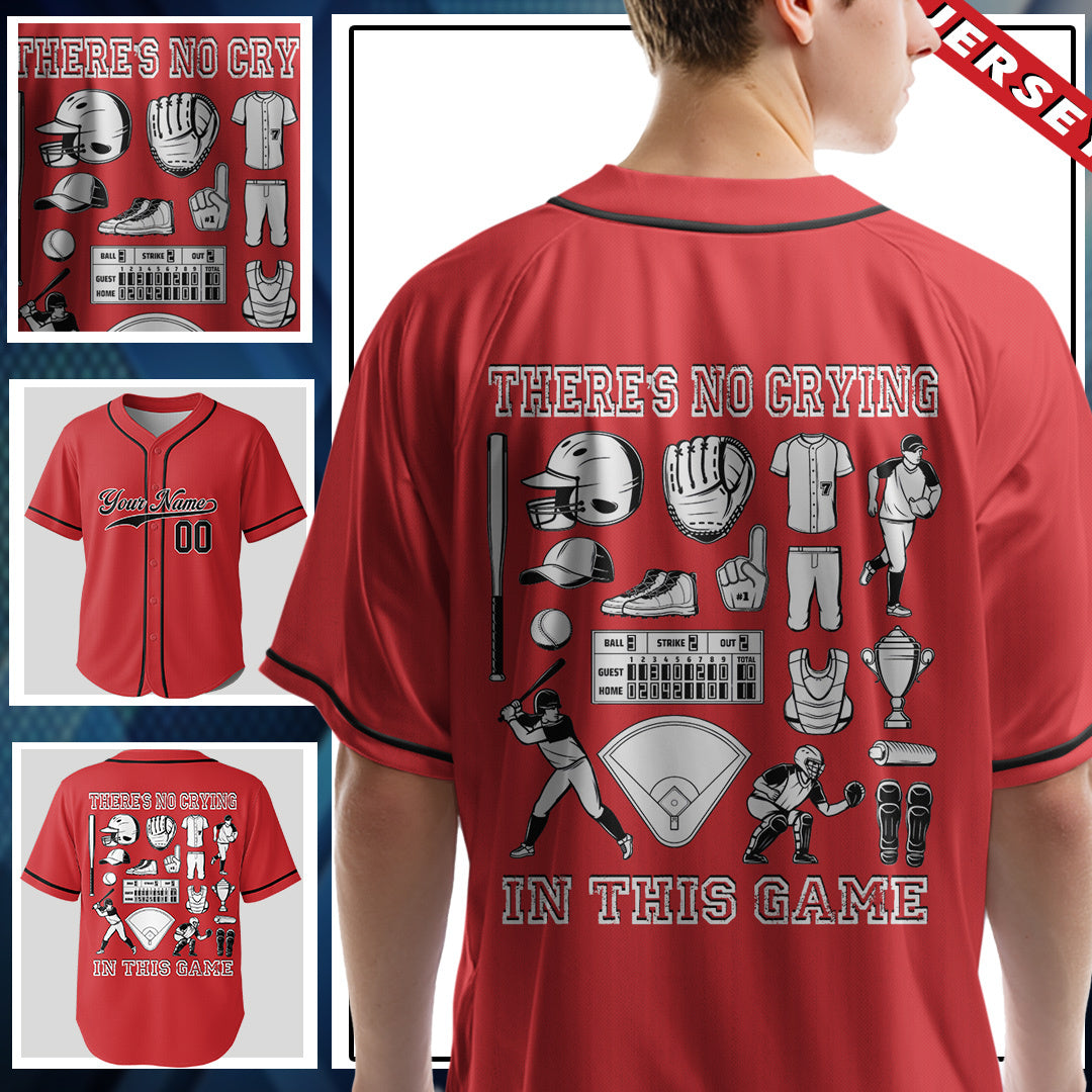 There's No Crying In This Game - Custom Red Black Baseball Jersey