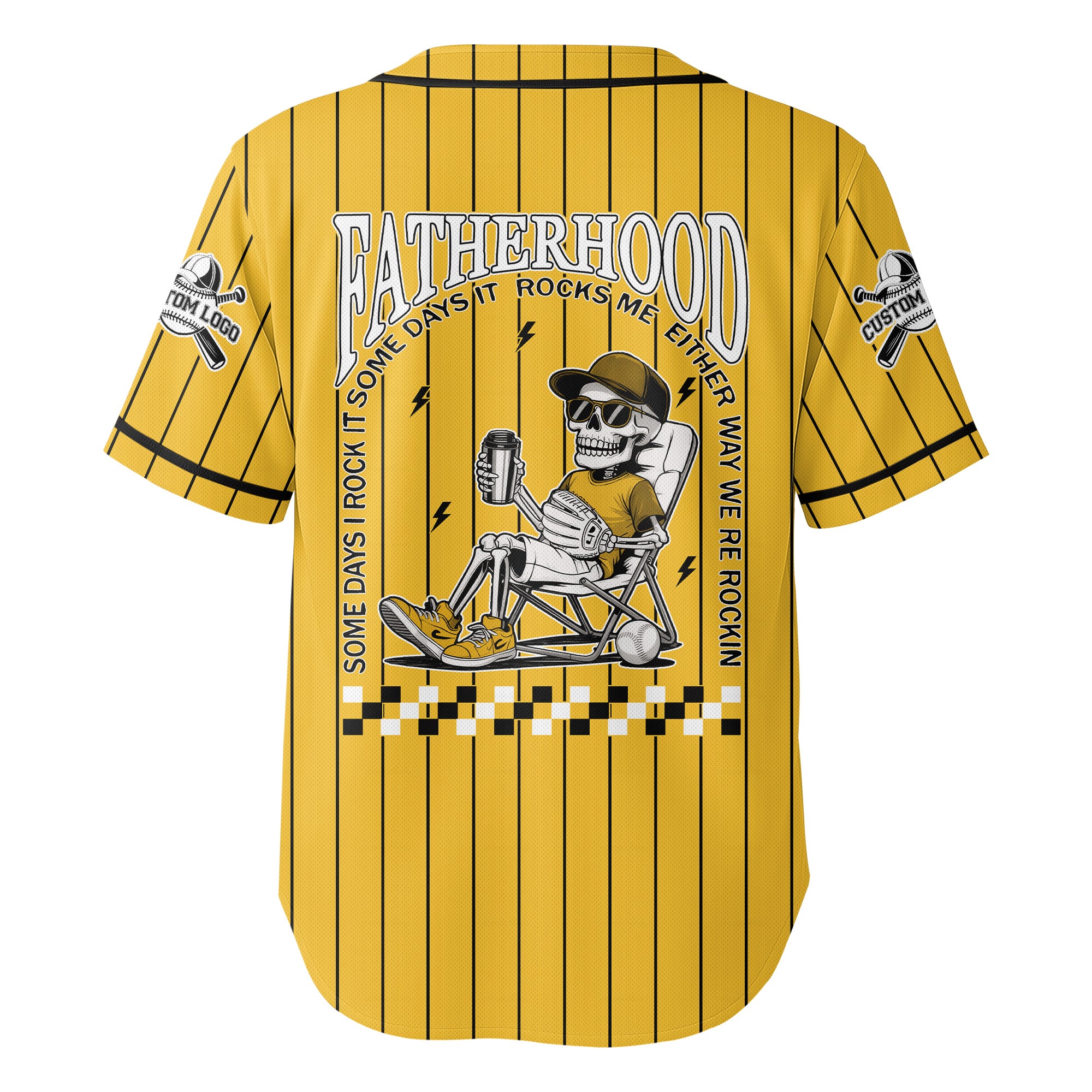FATHERHOOD - Some Days I Rock It, Some Days It Rocks Me, Either Way We're Rockin - Custom Yellow and Black Striped Baseball Jersey