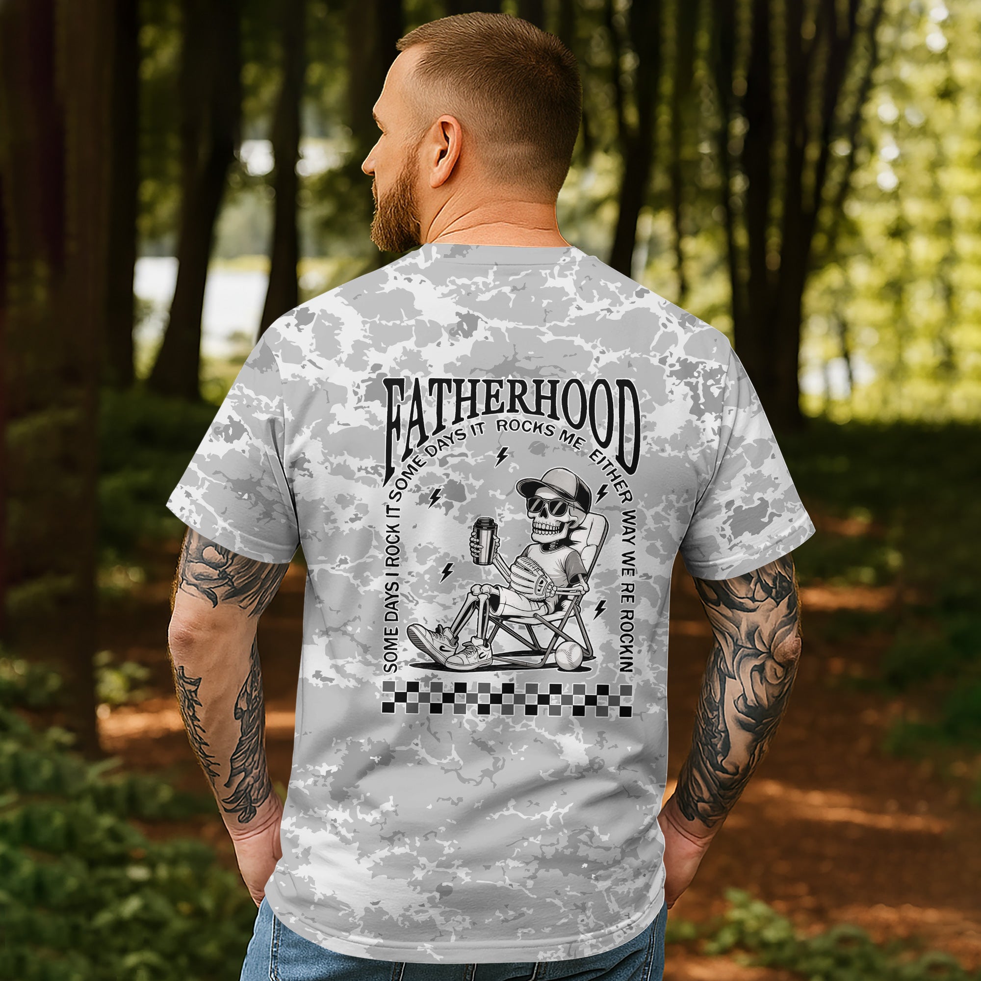Fatherhood - Some Days I Rock It, Some Days It Rocks Me, Either Way We're Rockin All Over Print T-Shirt