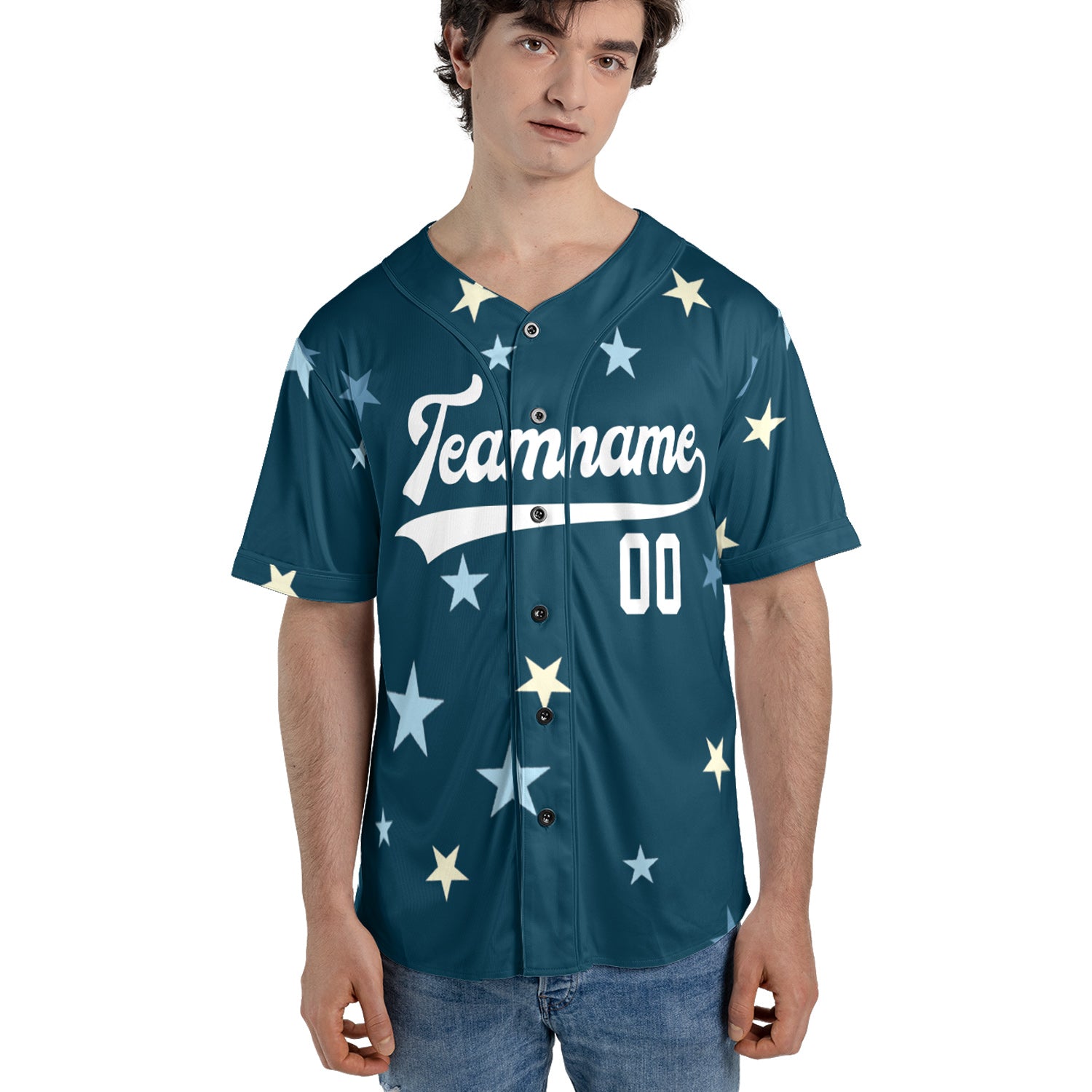 Custom Starry Sky Baseball Jersey in Deep Teal and Pastel Tones