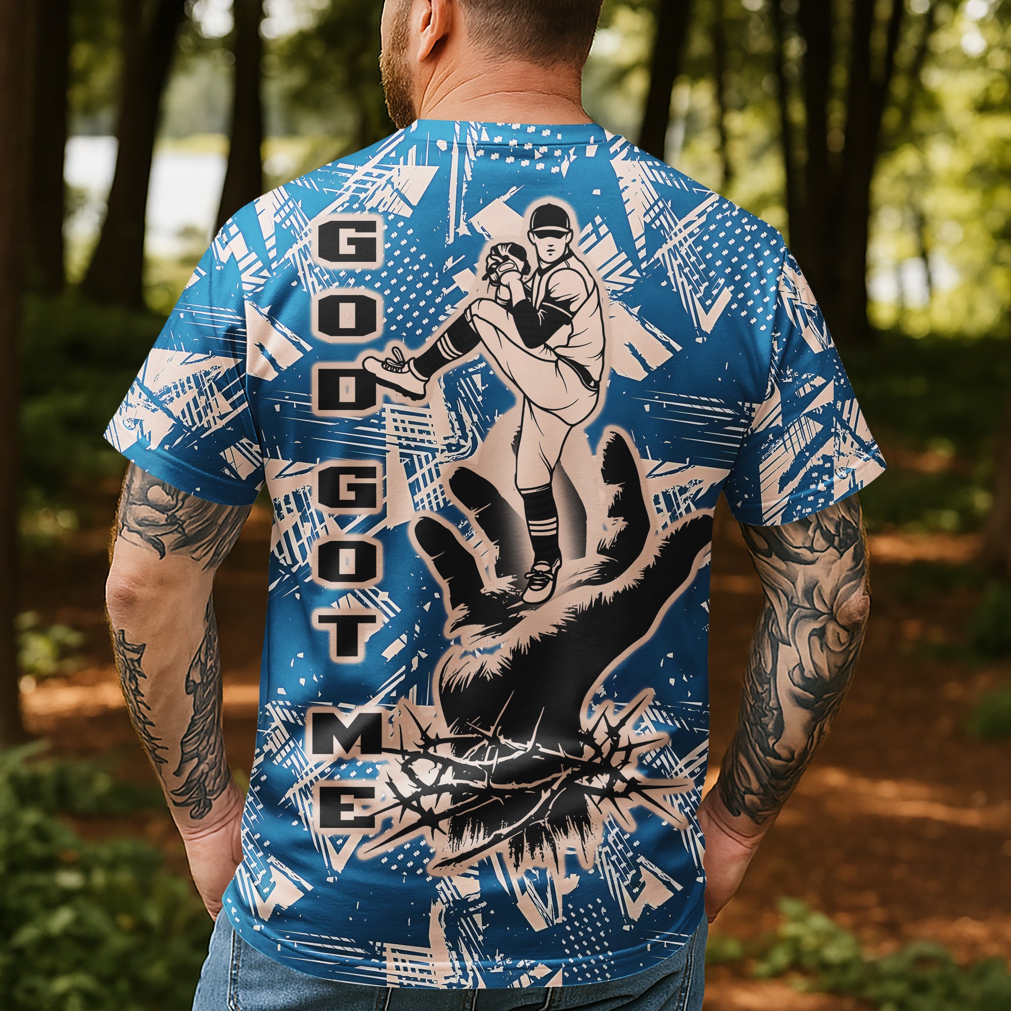 God Got Me All Over Print Baseball T-Shirt