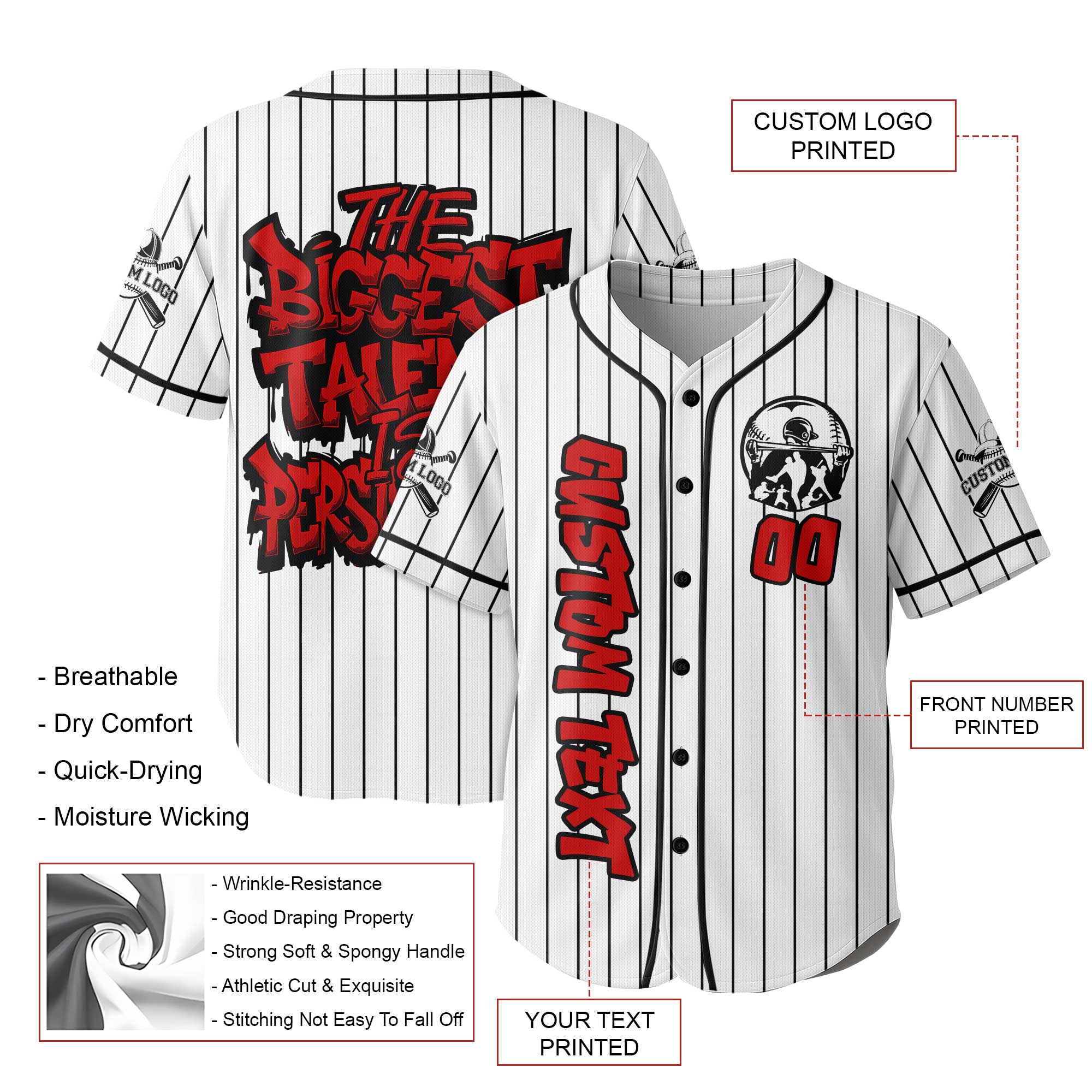 Custom White and Black Pinstripes Baseball Jersey - Talent Is Persistence