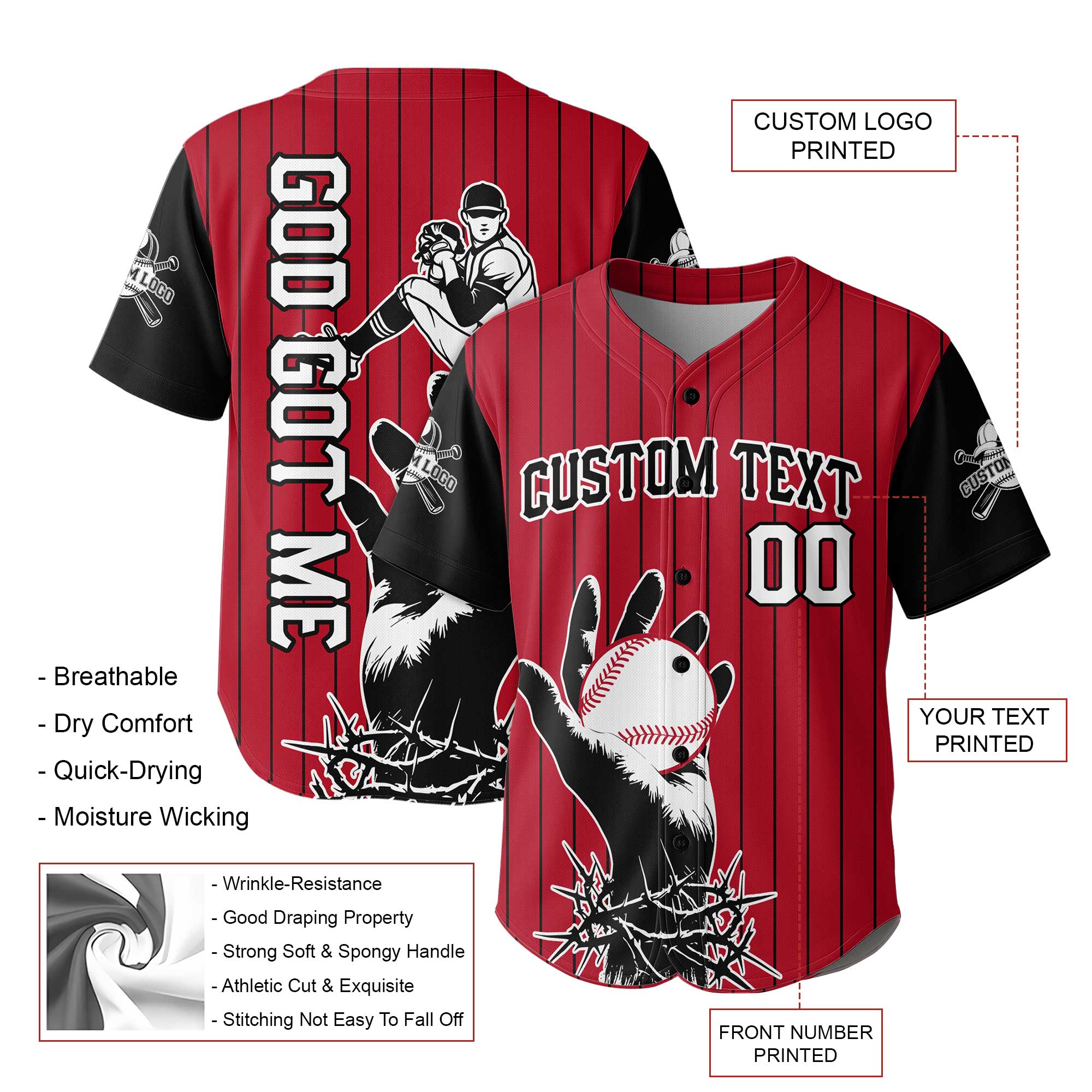 Custom Red and Black Pinstripes Baseball Jersey - God Got Me