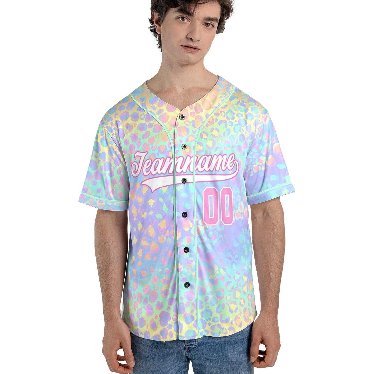 Custom Pastel Leopard Baseball Jersey – Rainbow Wildheart Edition