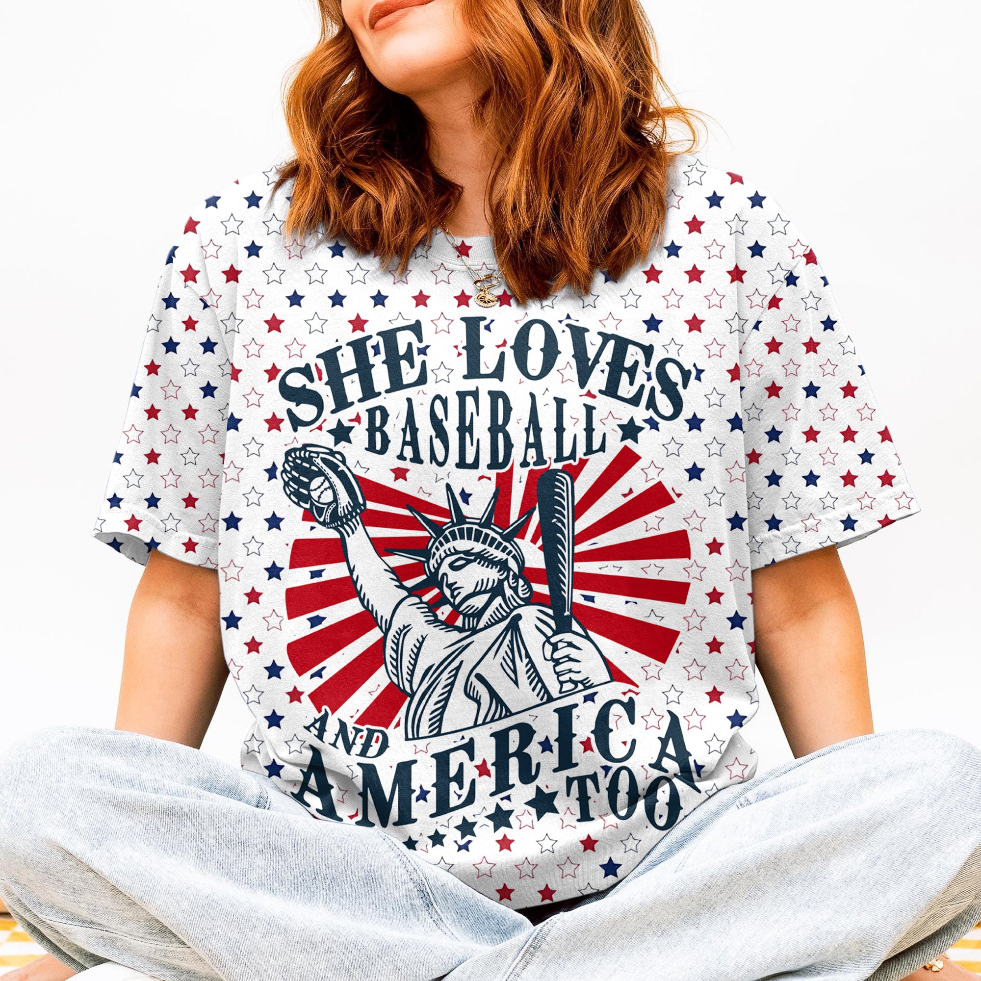 She Loves Baseball And America Too All Over Print Baseball T-Shirt