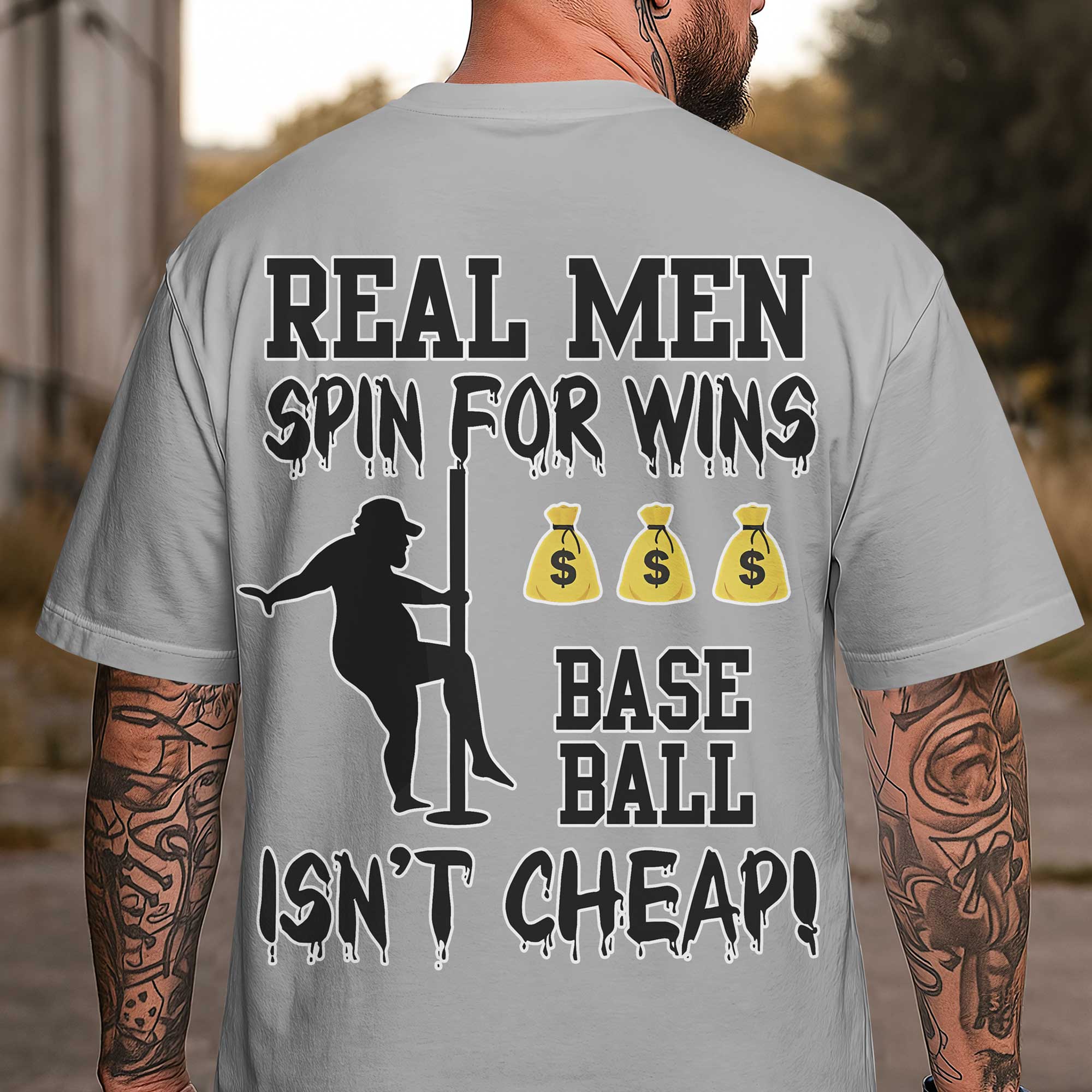 Real Men Spin For Wins - Black and Grey Baseball T-Shirt