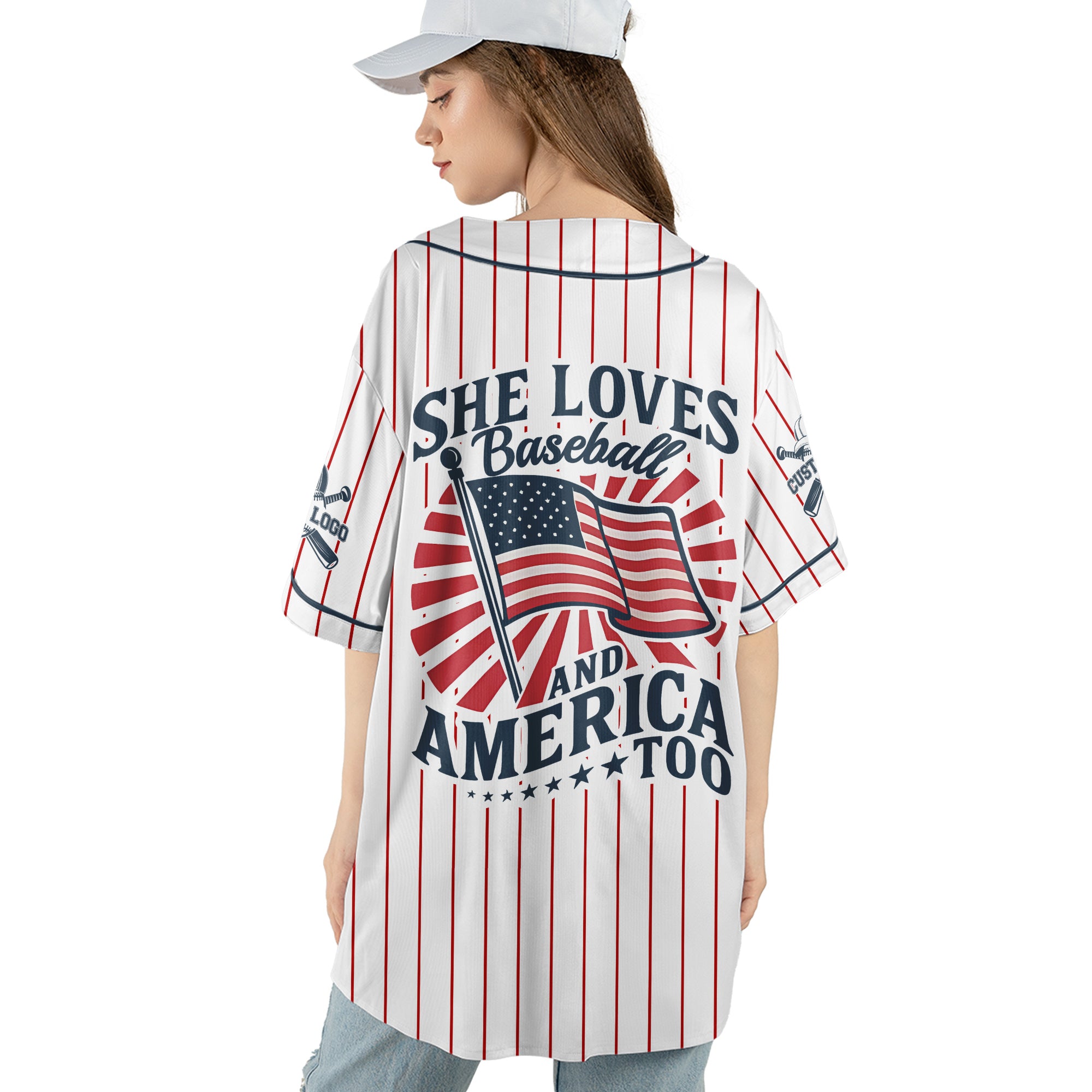 She Loves Baseball and America Too - Custom 4th Of July Baseball Jersey