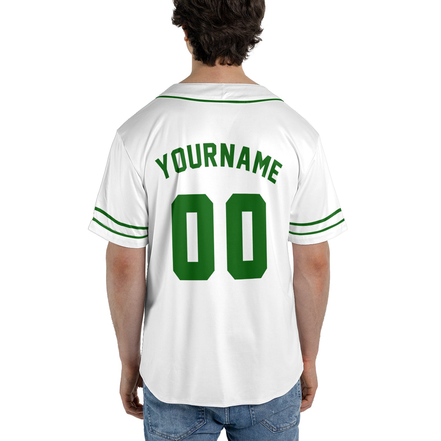 Custom White Baseball Jersey – Classic Green Trim Minimalist Edition