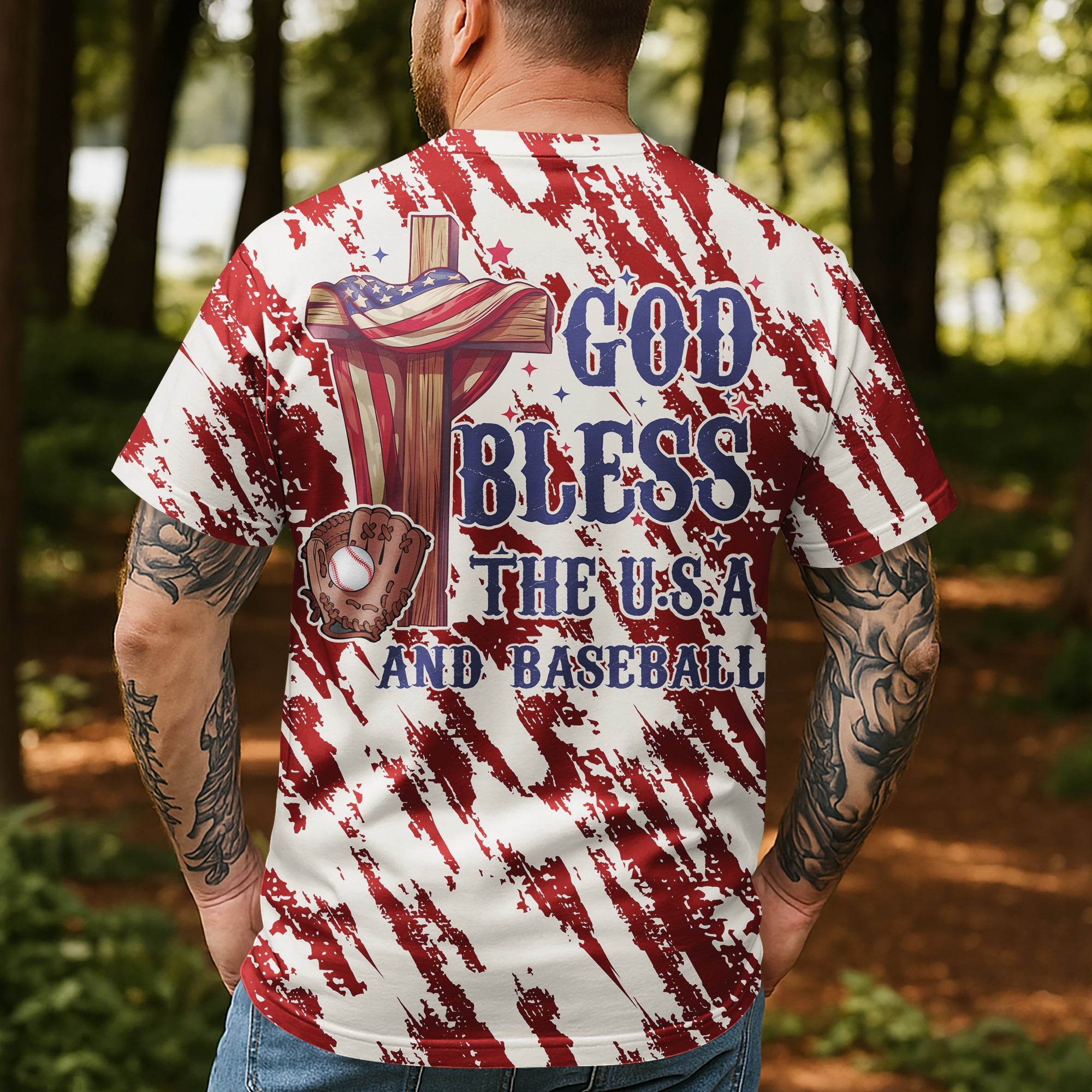 God Bless The USA and Baseball All Over Print 4th Of July T-Shirt