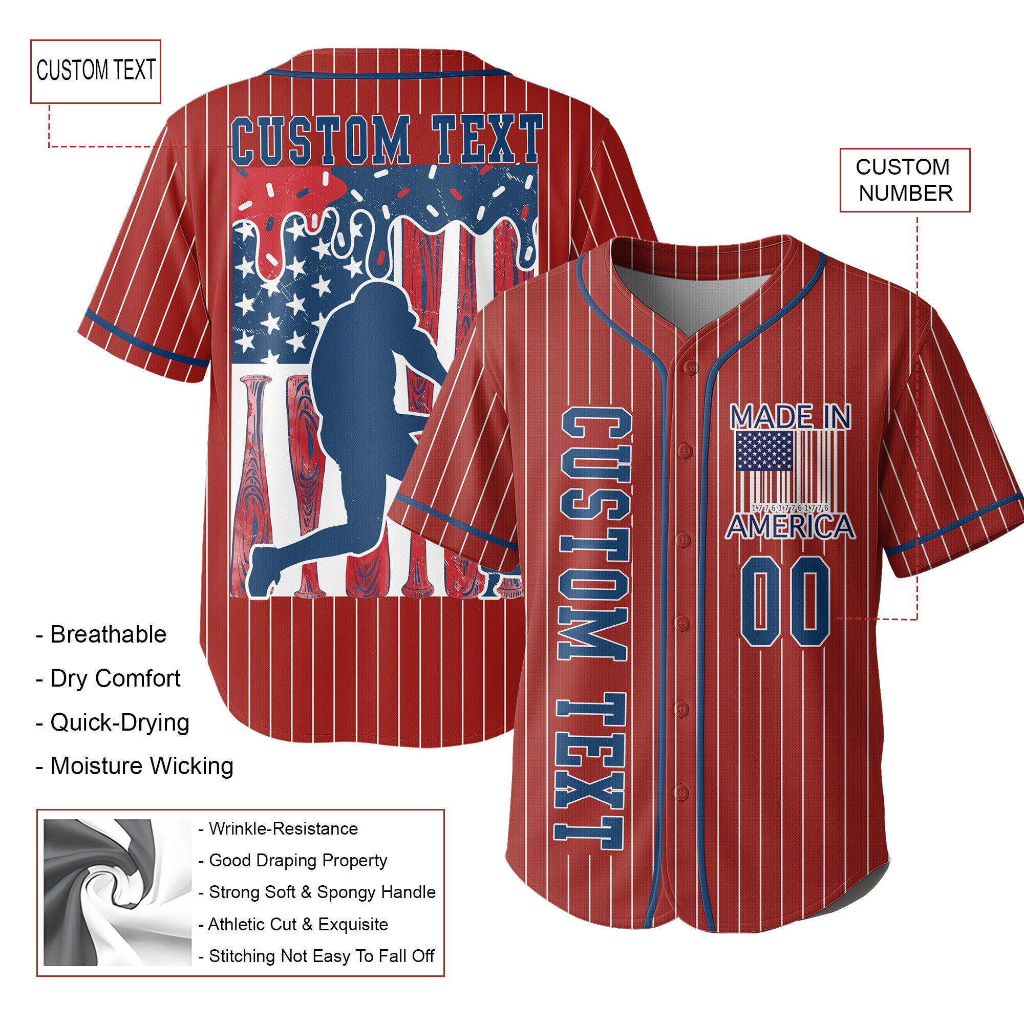 Made In America - Custom Fourth Of July Red Baseball Jersey