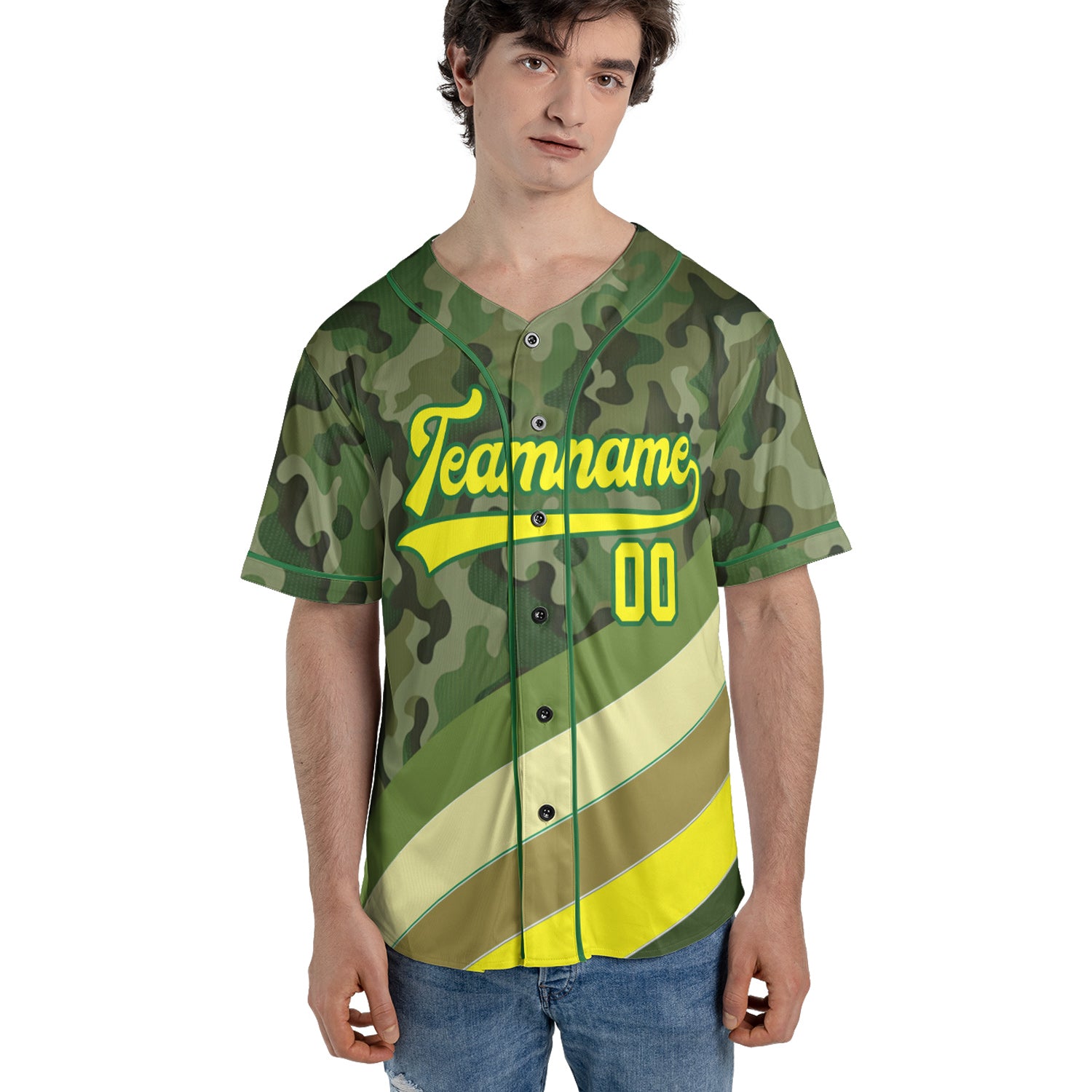 Custom Camo Baseball Jersey with Green-Yellow Stripe Accents