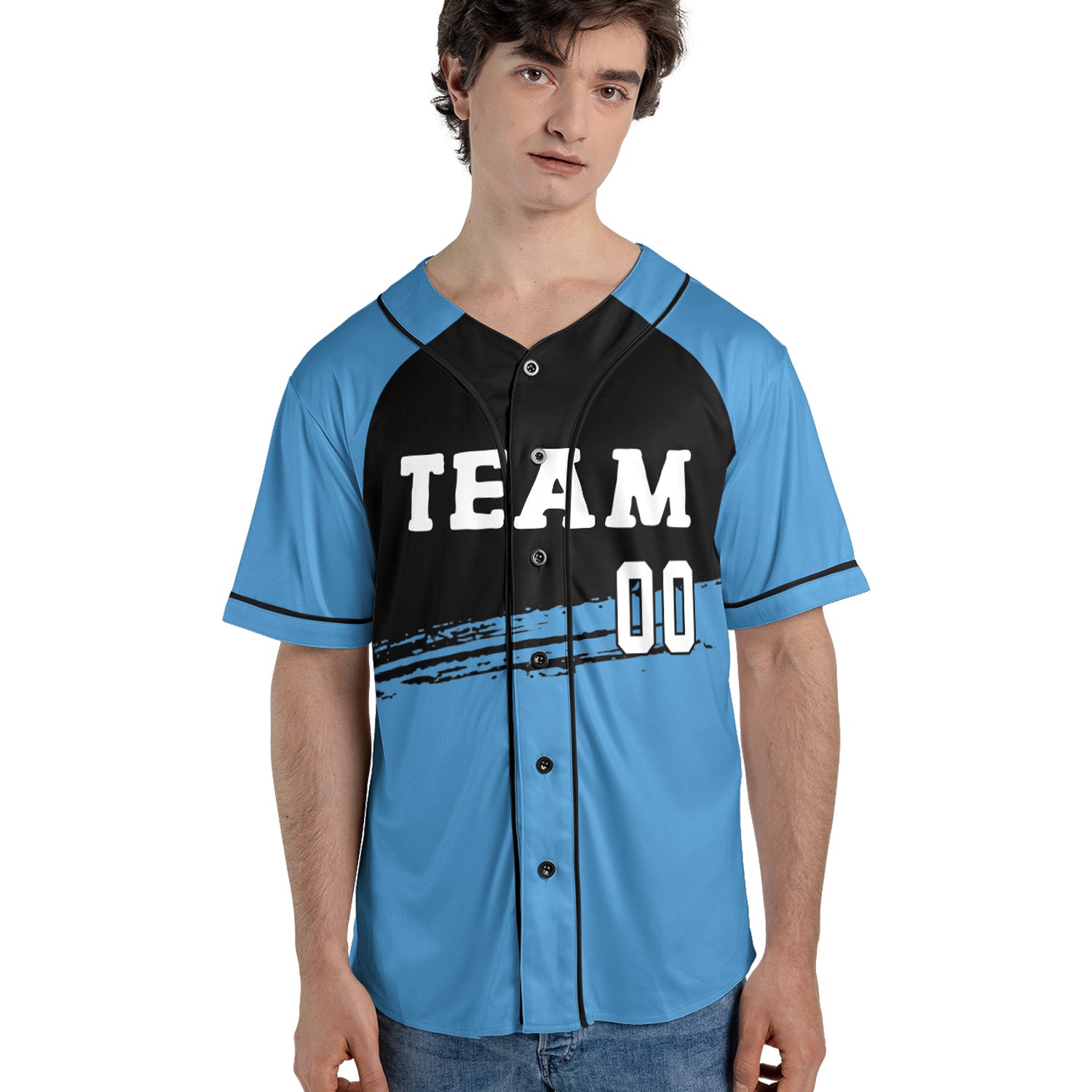 Custom Sky Blue and Black Brushstroke Baseball Jersey