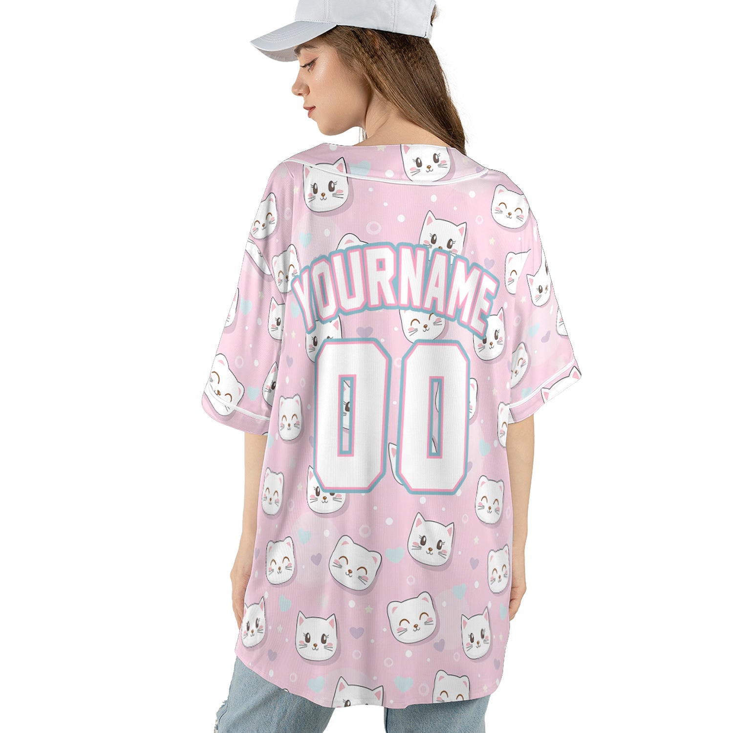 Custom Baseball Jersey – Pink Cat Pattern