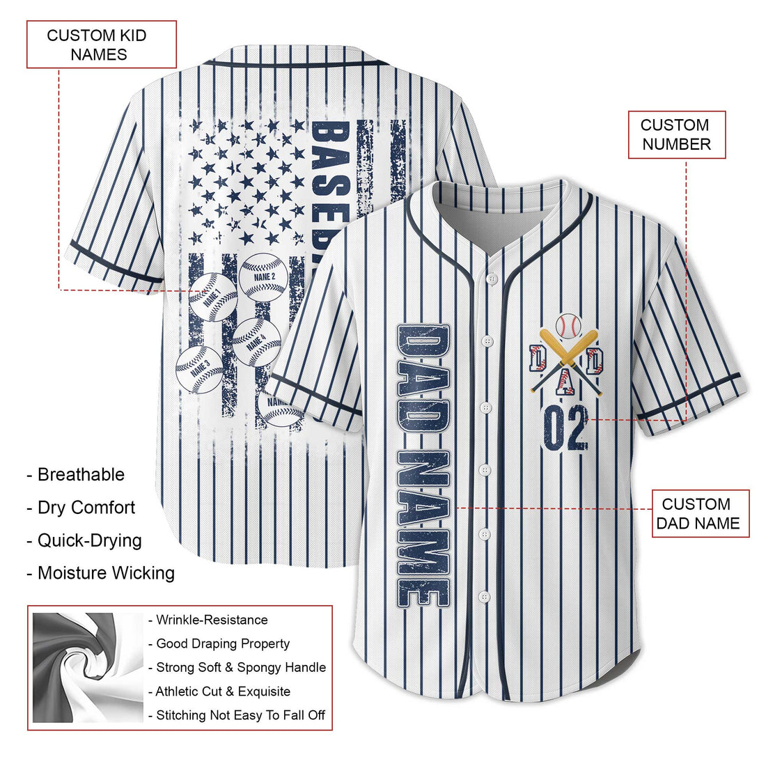 Custom Baseball Dad Jersey with Kids Name - Father's Day Shirt for Baseball Lover, Gift for Husband, New Father