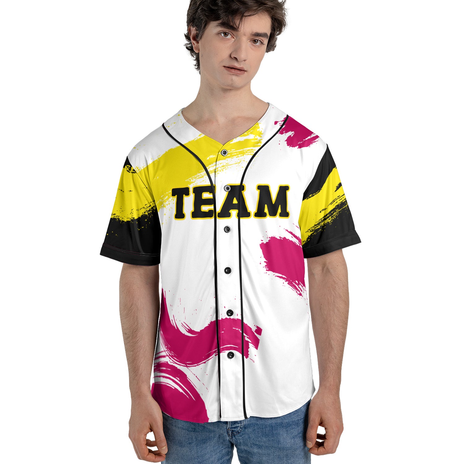 Custom White Baseball Jersey with Neon Yellow and Magenta Paint Strokes