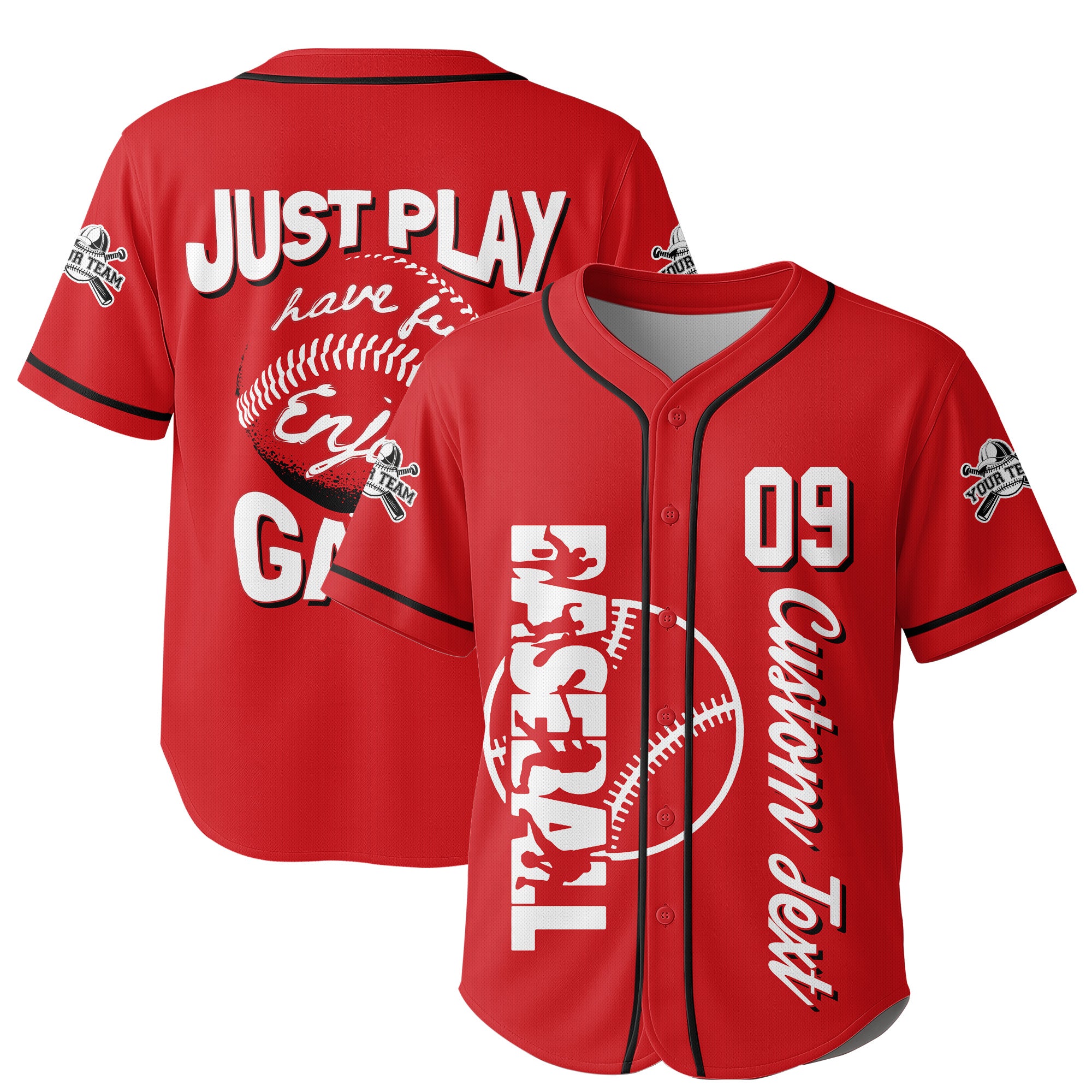 Just Have Fun And Enjoy The Game - Custom Red Black Baseball Jersey