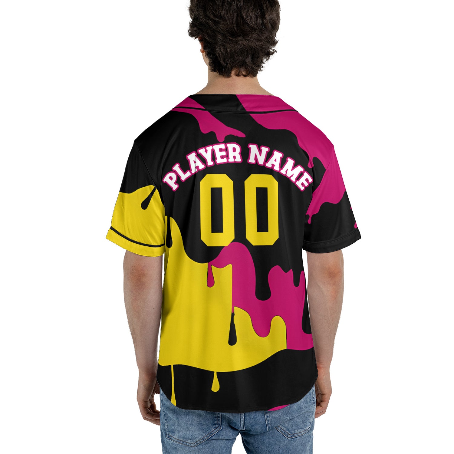 Custom Drip Art Baseball Jersey in Neon Yellow and Magenta on Black