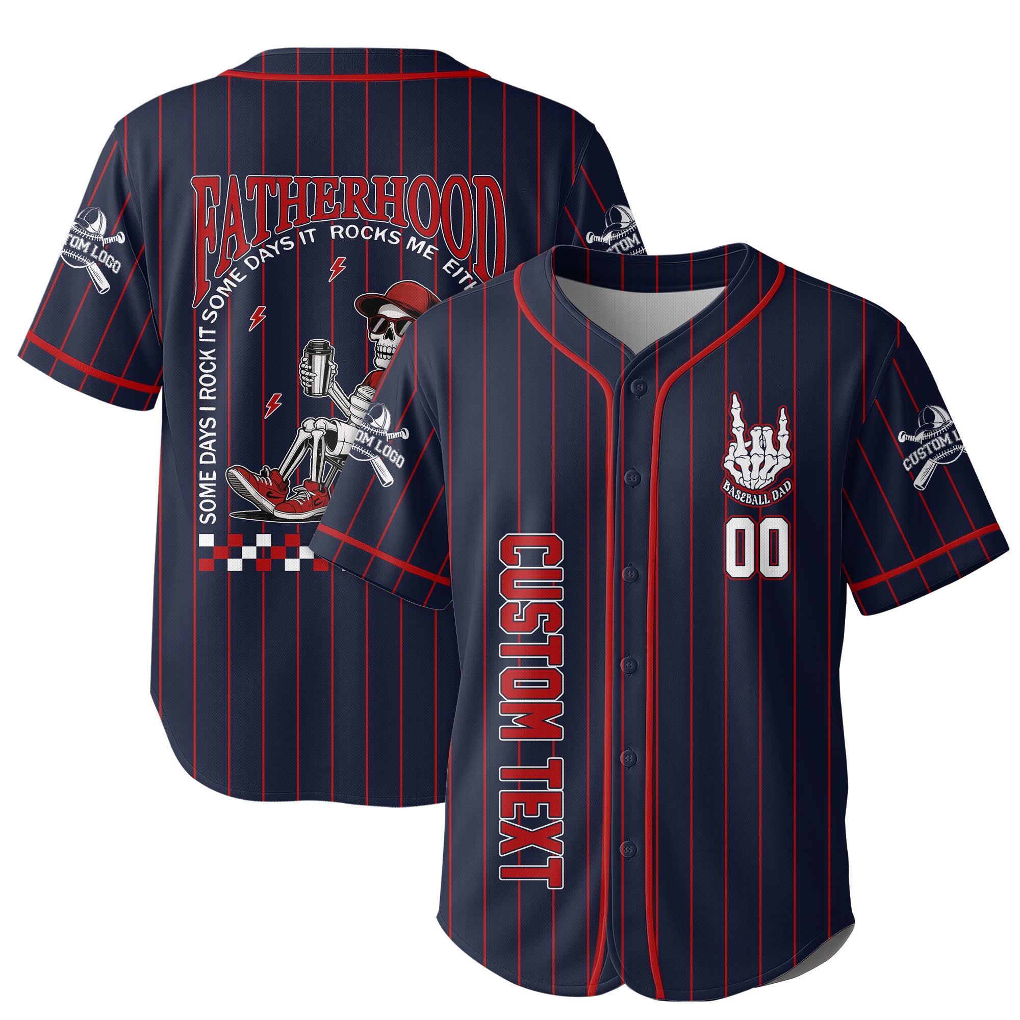 FATHERHOOD - Some Days I Rock It, Some Days It Rocks Me, Either Way We're Rockin - Custom Navy Red Baseball Jersey