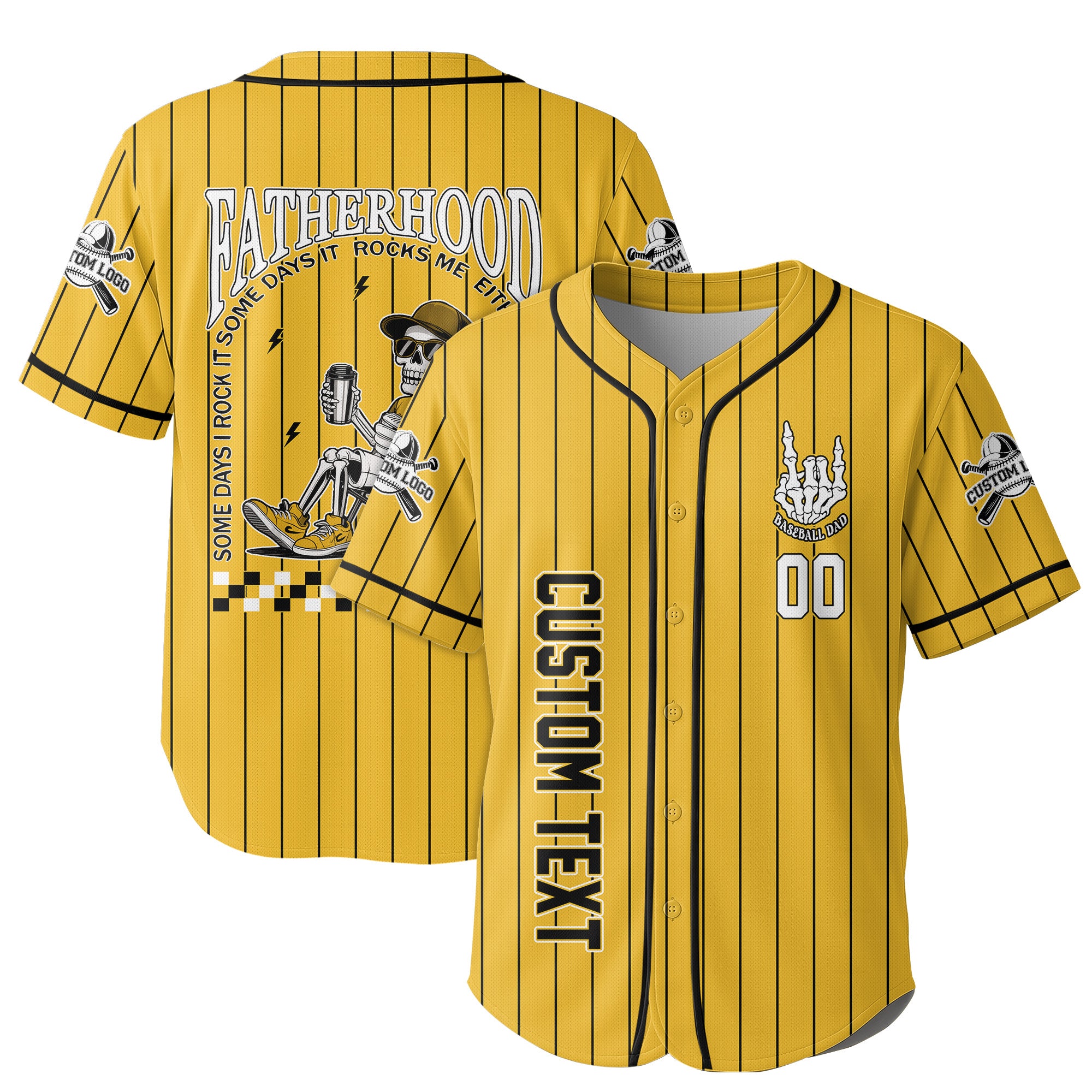 FATHERHOOD - Some Days I Rock It, Some Days It Rocks Me, Either Way We're Rockin - Custom Yellow and Black Striped Baseball Jersey