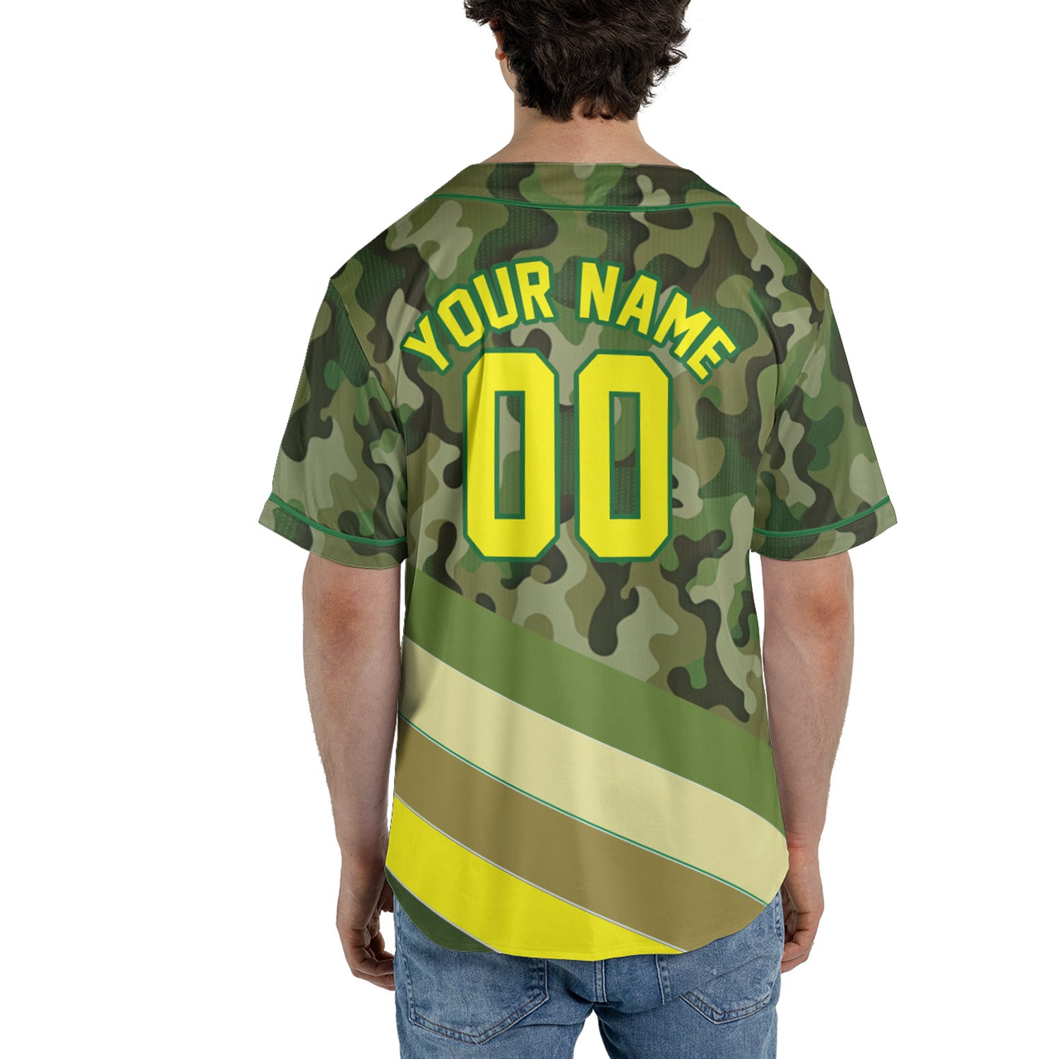 Custom Camo Baseball Jersey with Green-Yellow Stripe Accents