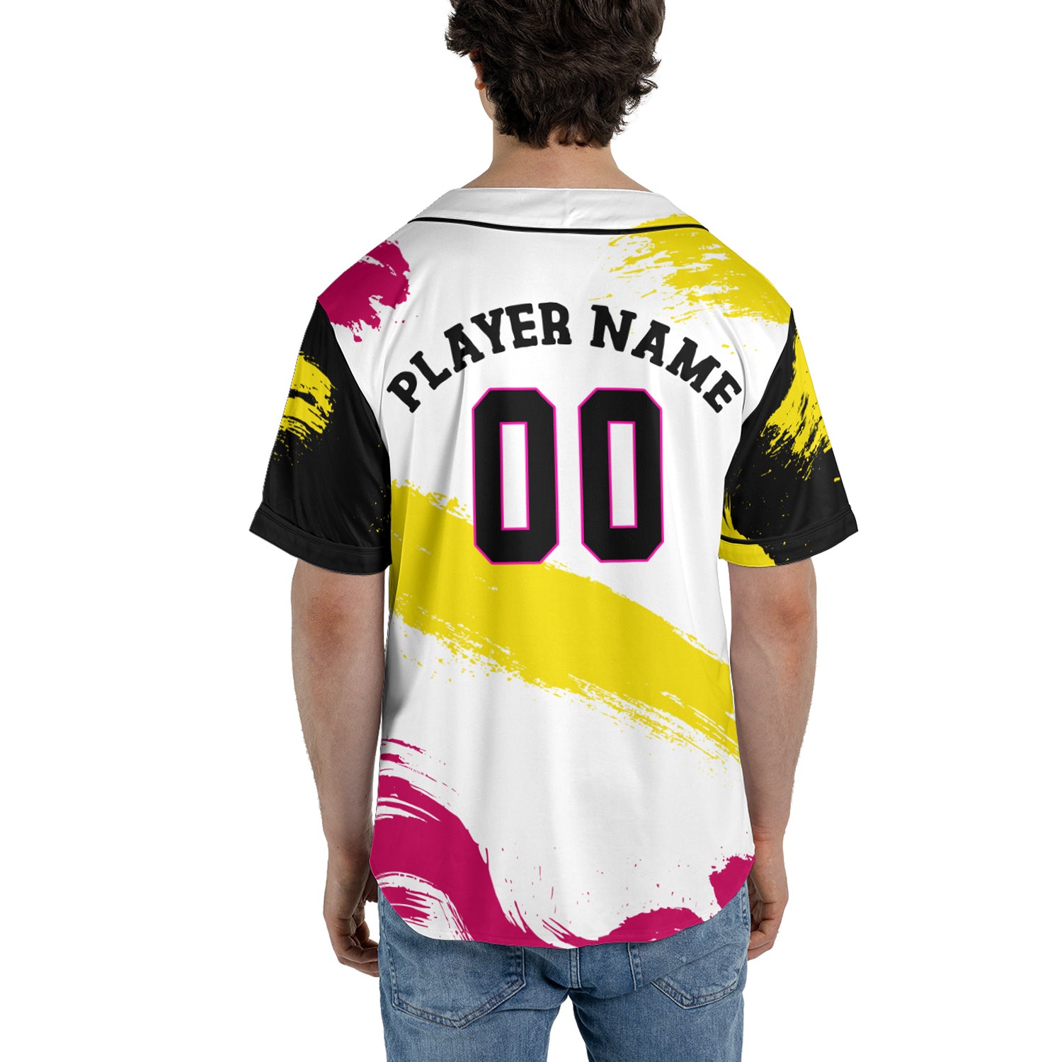 Custom White Baseball Jersey with Neon Yellow and Magenta Paint Strokes