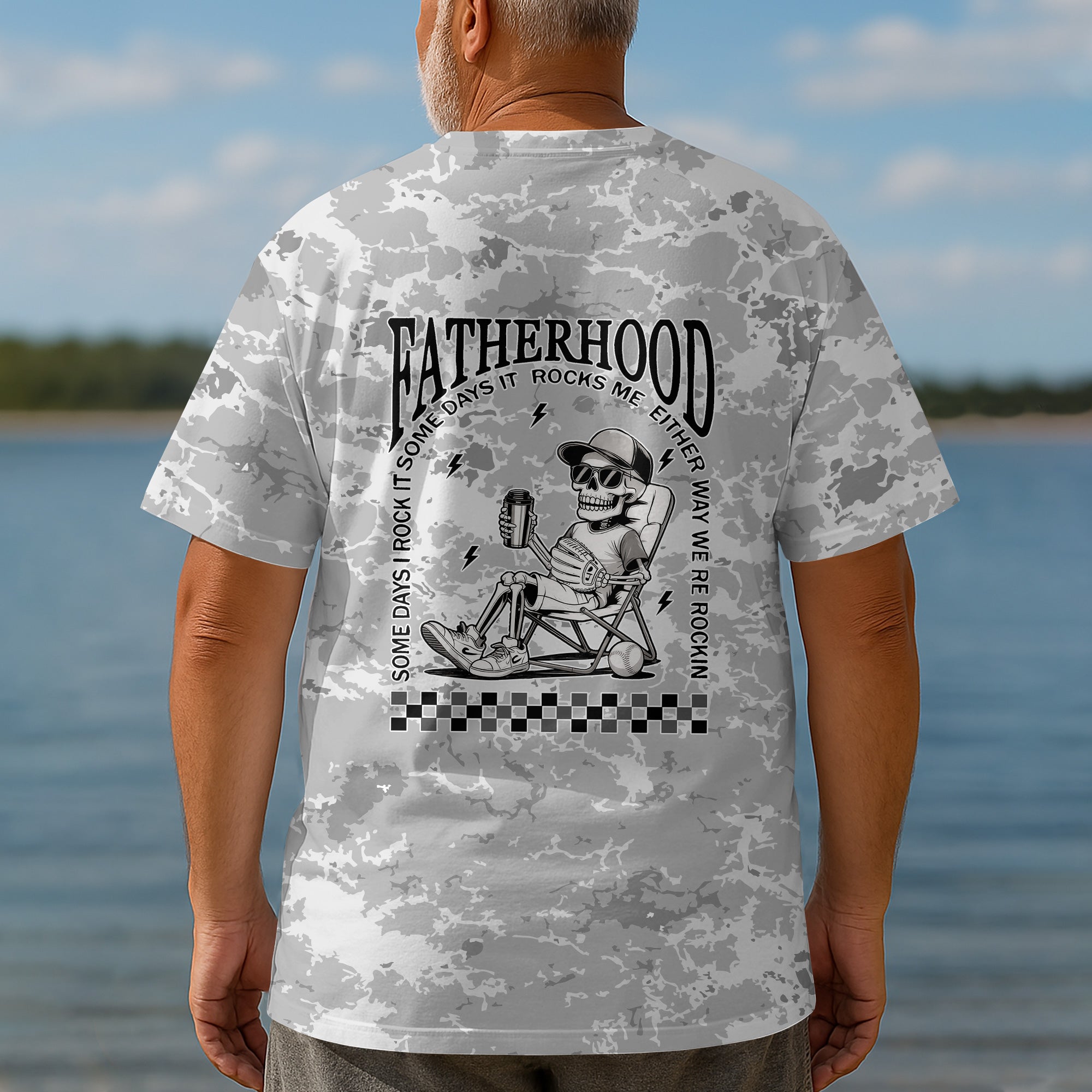 Fatherhood - Some Days I Rock It, Some Days It Rocks Me, Either Way We're Rockin All Over Print T-Shirt