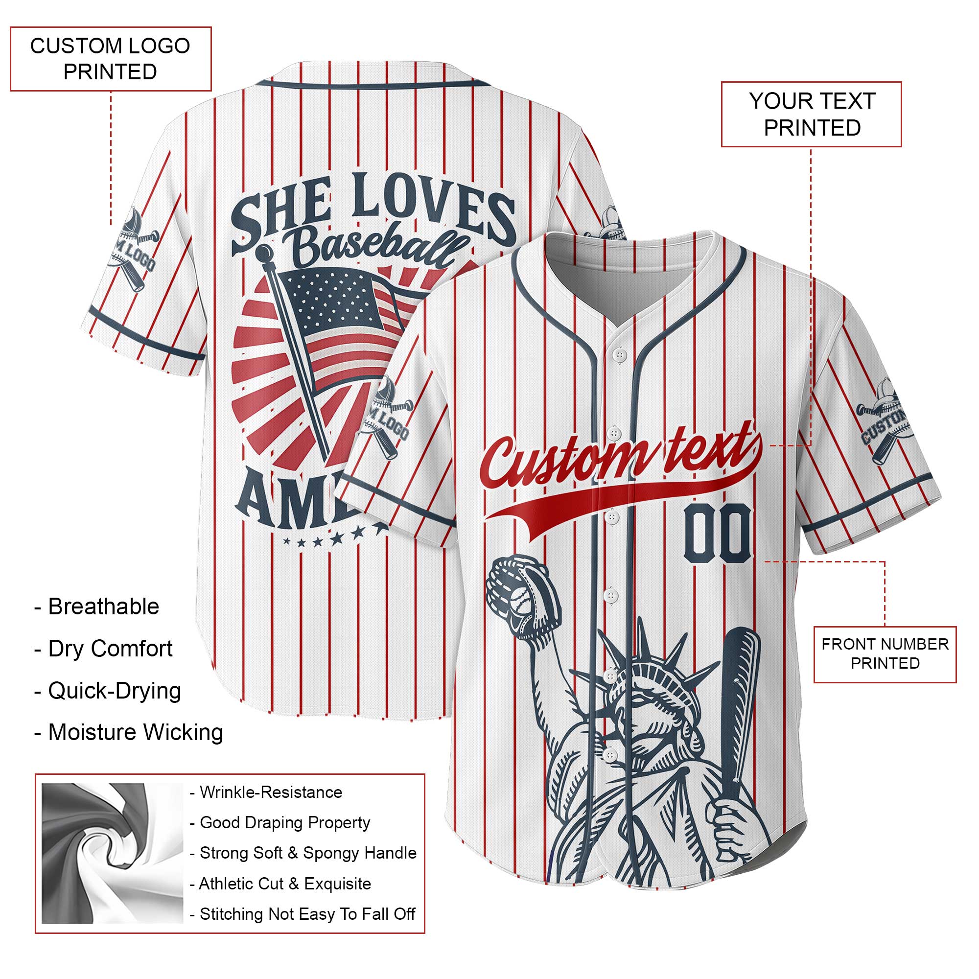 She Loves Baseball and America Too - Custom 4th Of July Baseball Jersey