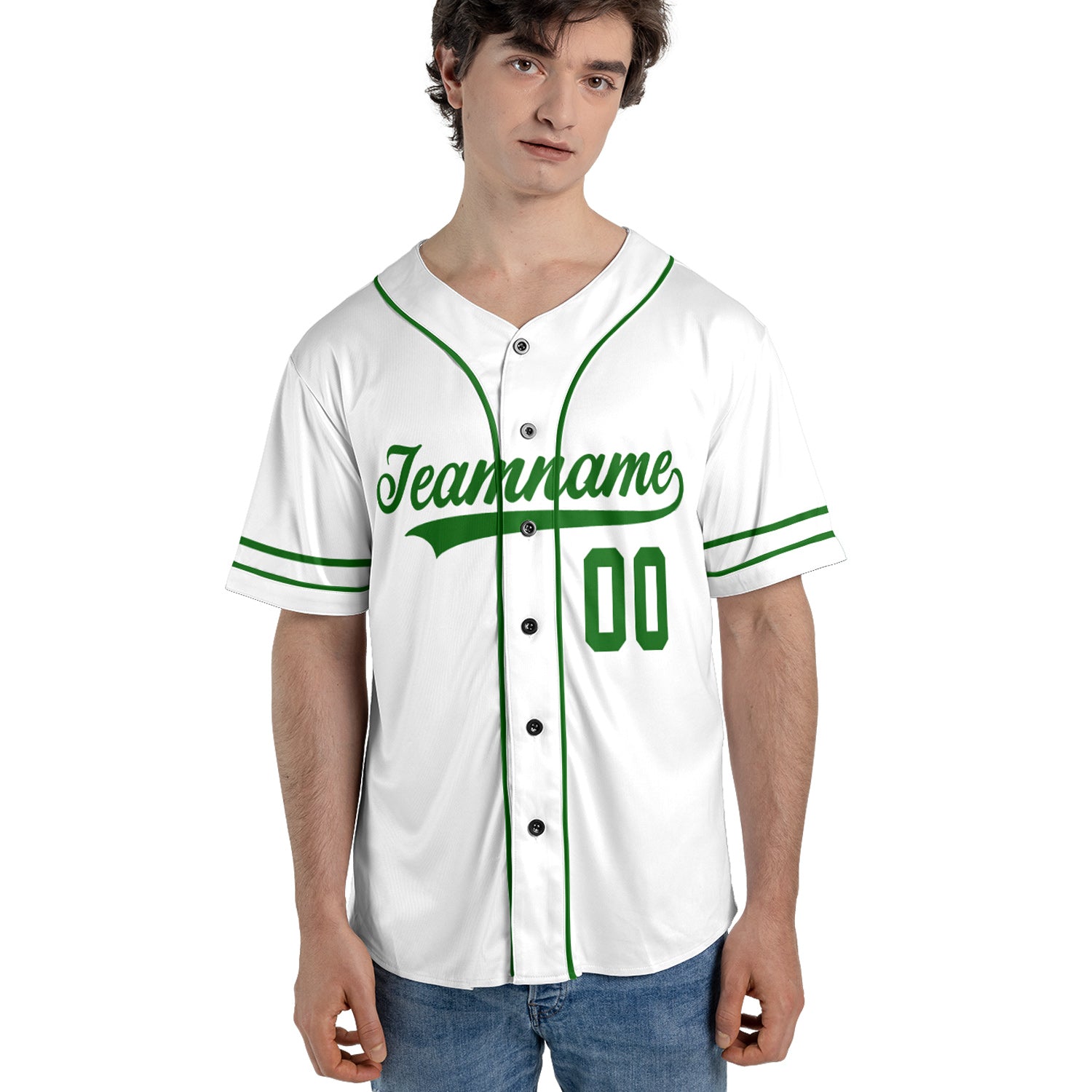 Custom White Baseball Jersey – Classic Green Trim Minimalist Edition