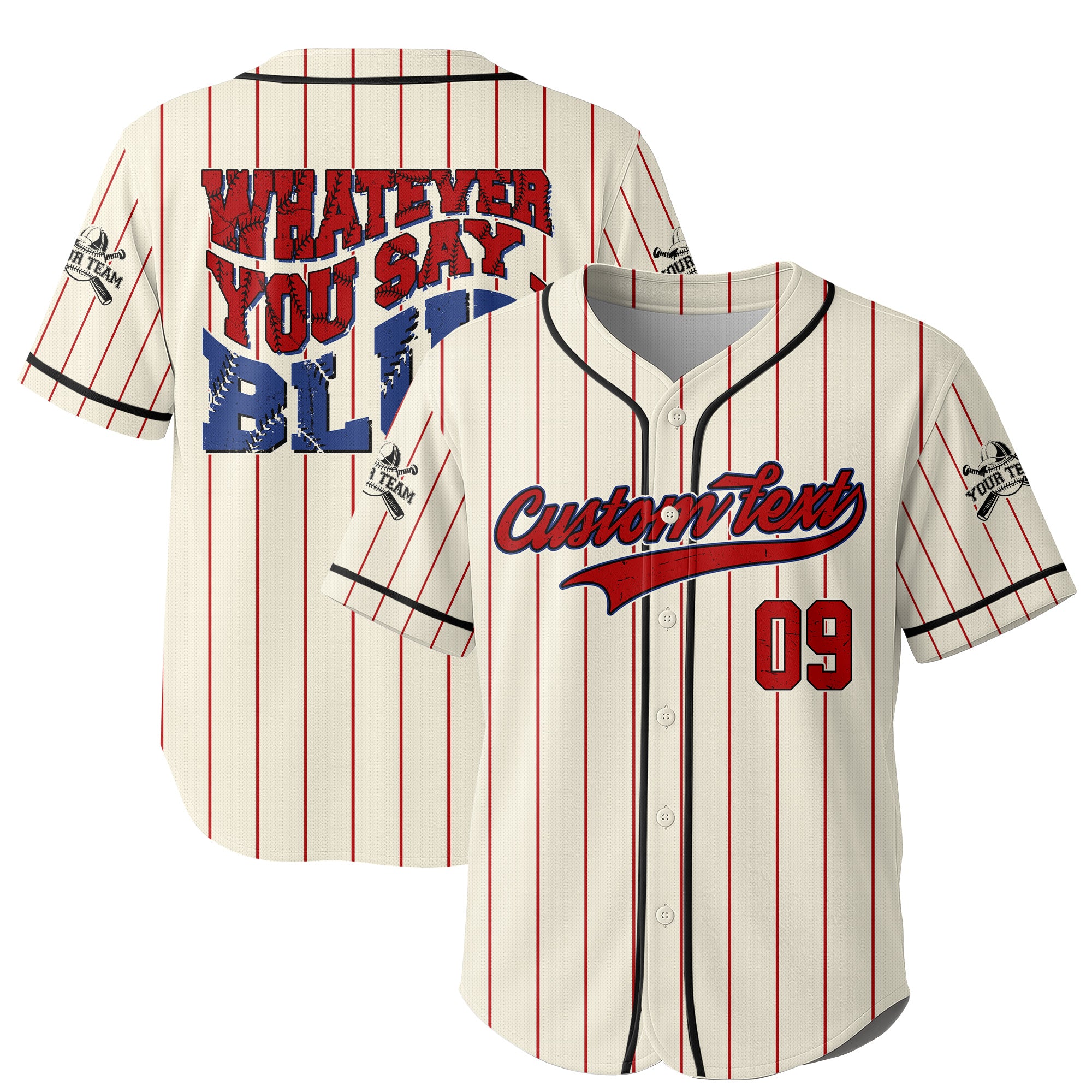 Whatever You Say Blue - Custom Cream with Red Stripes Baseball Jersey