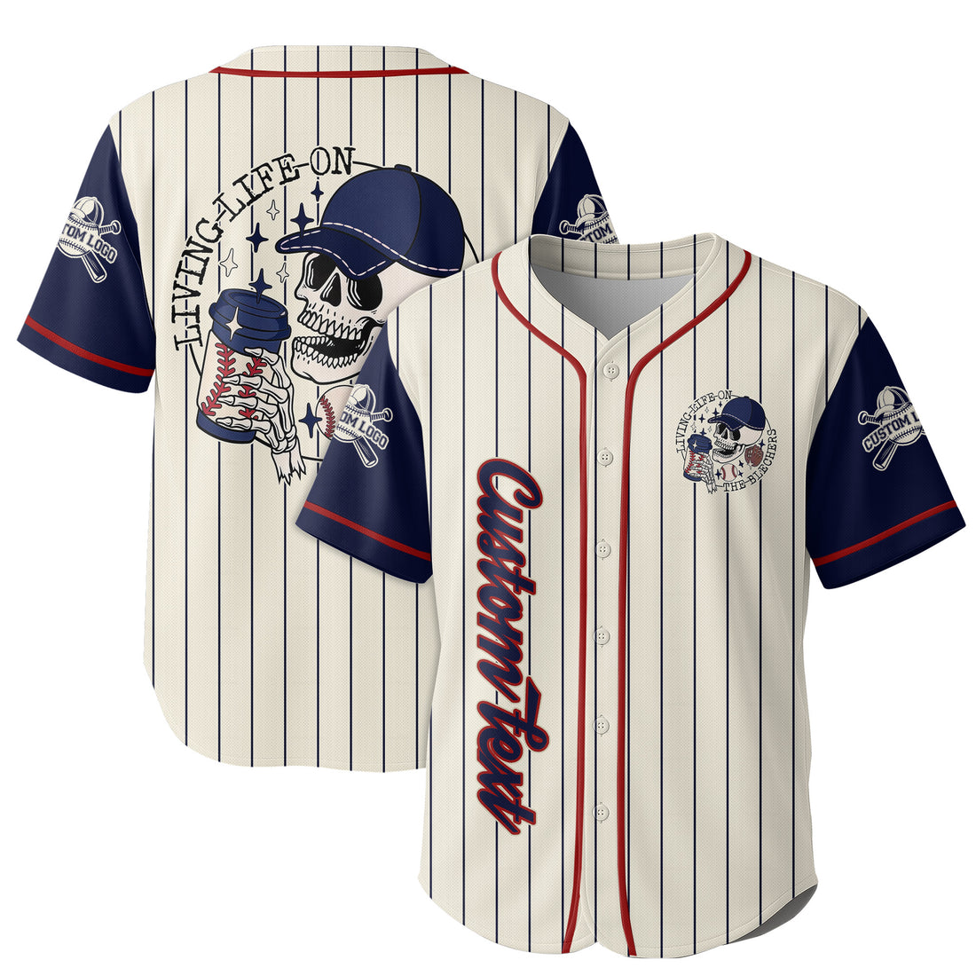Living Life on the Blechers  - Custom Baseball Jersey - Custom name, number - Baseball Lover -  Cream Navy Pinstripe