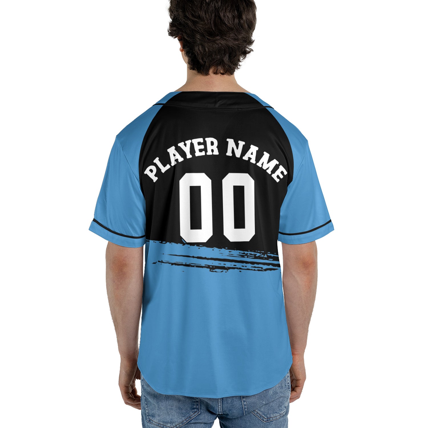 Custom Sky Blue and Black Brushstroke Baseball Jersey