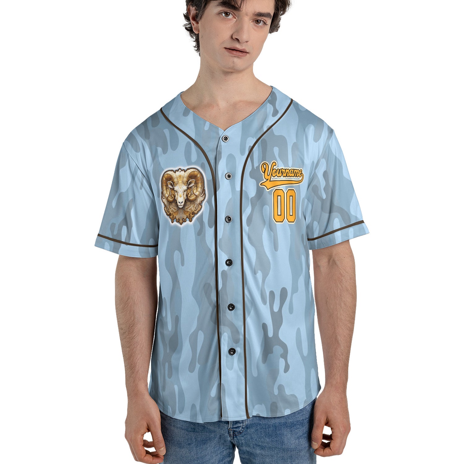 Aries Zodiac Baseball Jersey – Blue Camo FlameStrike Edition