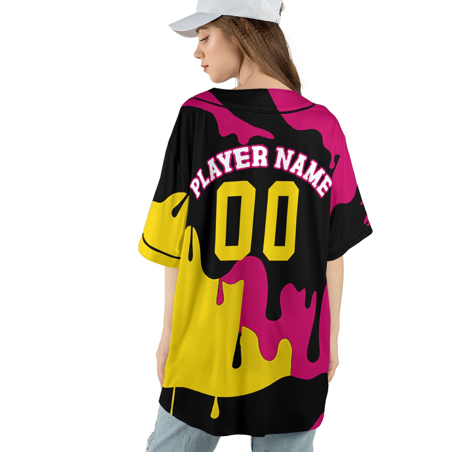 Custom Drip Art Baseball Jersey in Neon Yellow and Magenta on Black