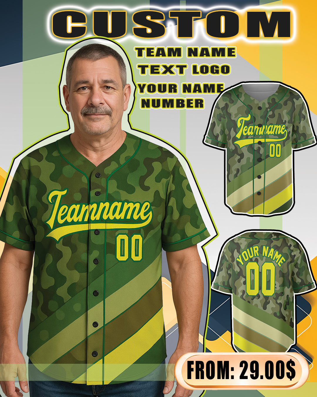 Custom Camo Baseball Jersey with Green-Yellow Stripe Accents