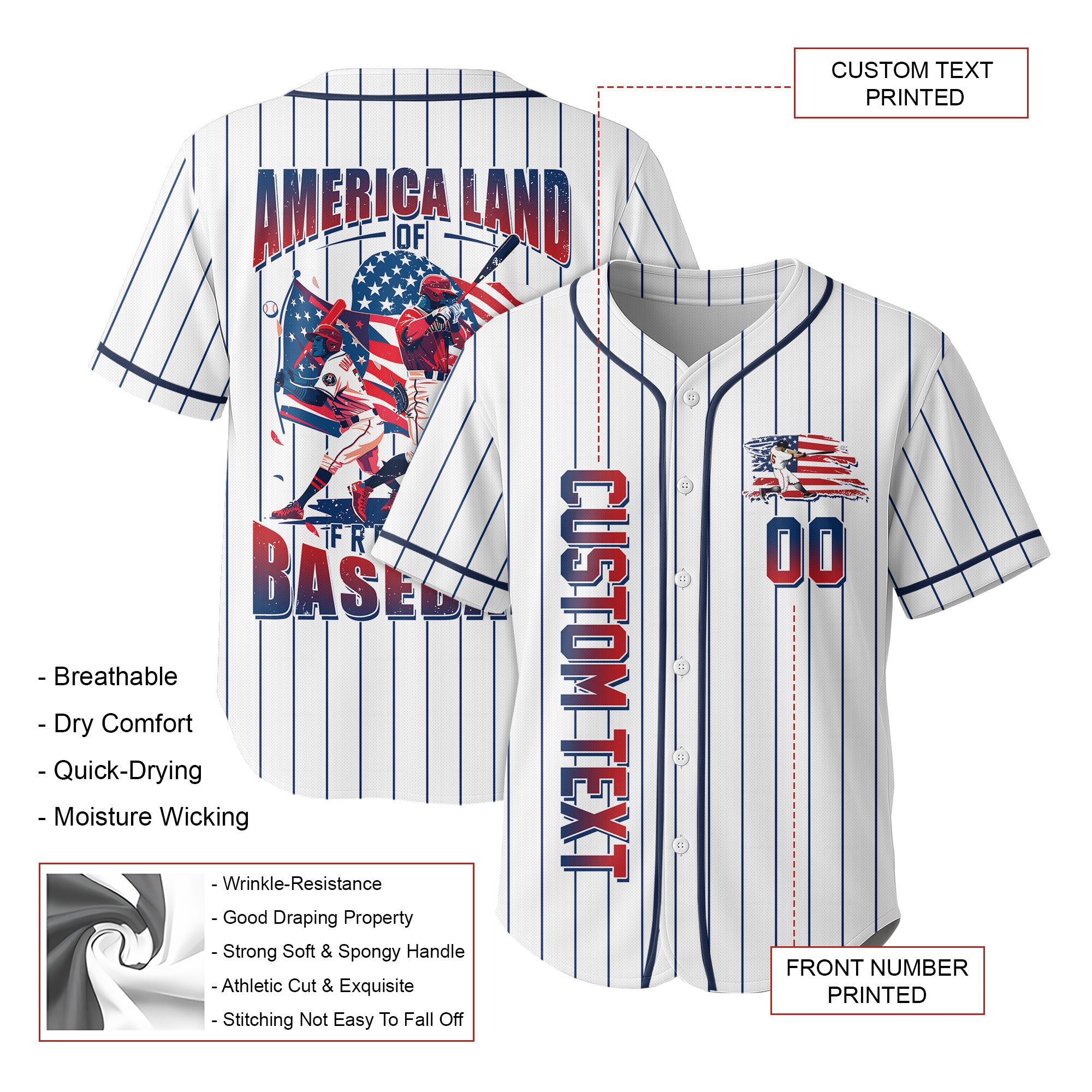 America Land of Free and Baseball - Custom Baseball Jersey - 4th of July Jersey - Baseball Lovers