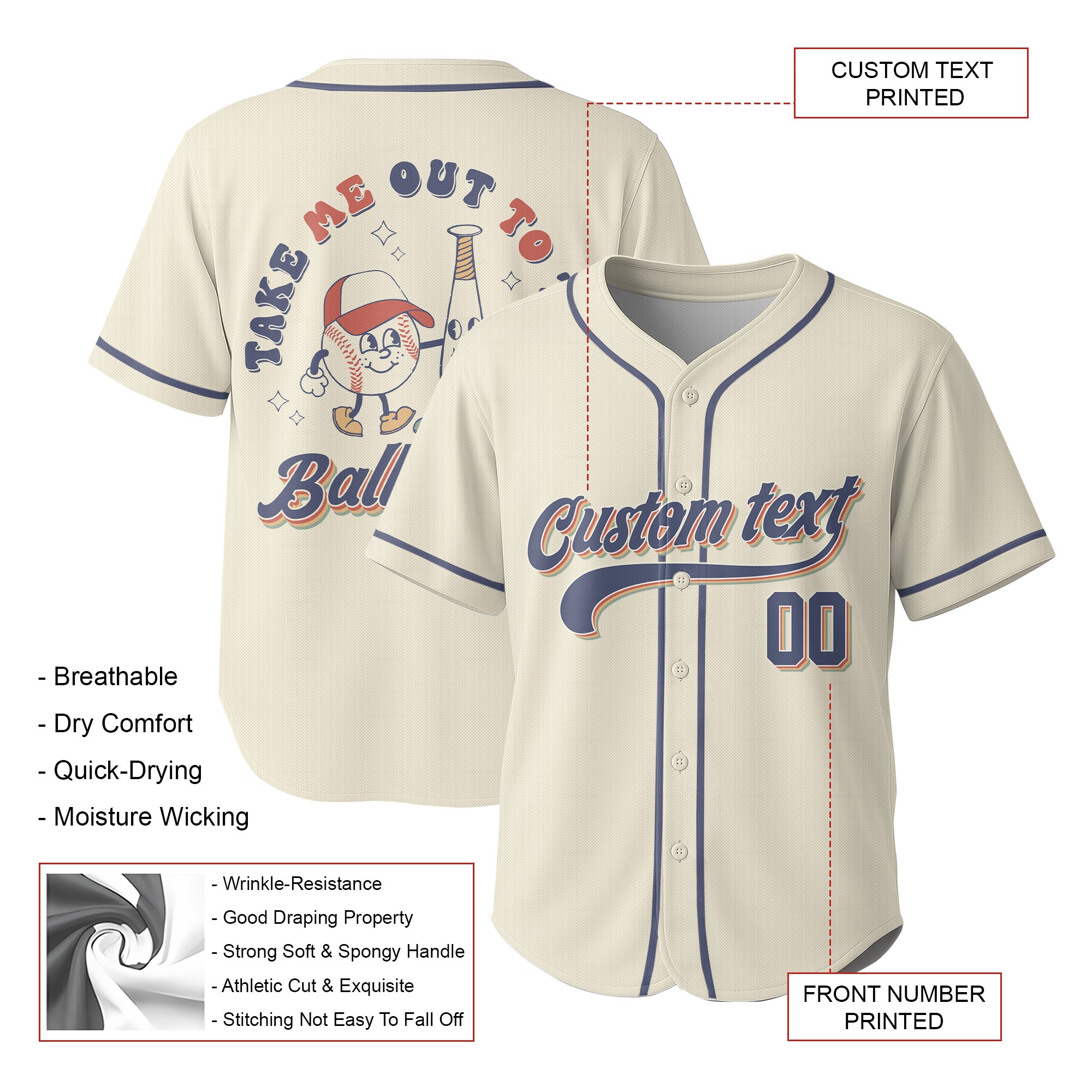 Take Me Out To The Ball Game - Custom Cream Navy Retro Baseball Jersey