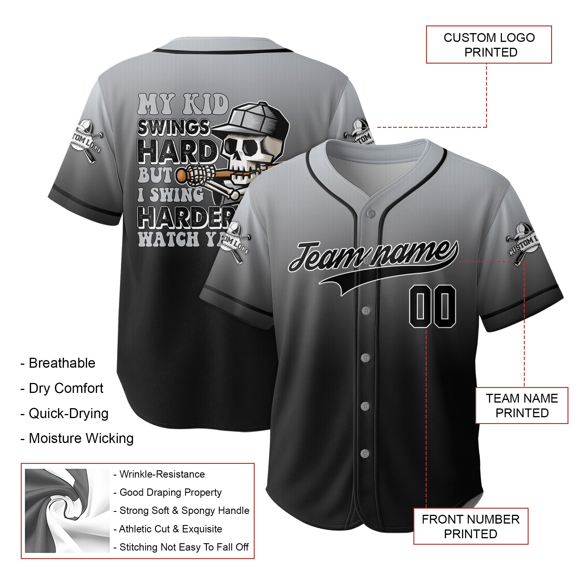 Watch Ya Mouth - Custom Gray and Black Gradient Baseball Jersey