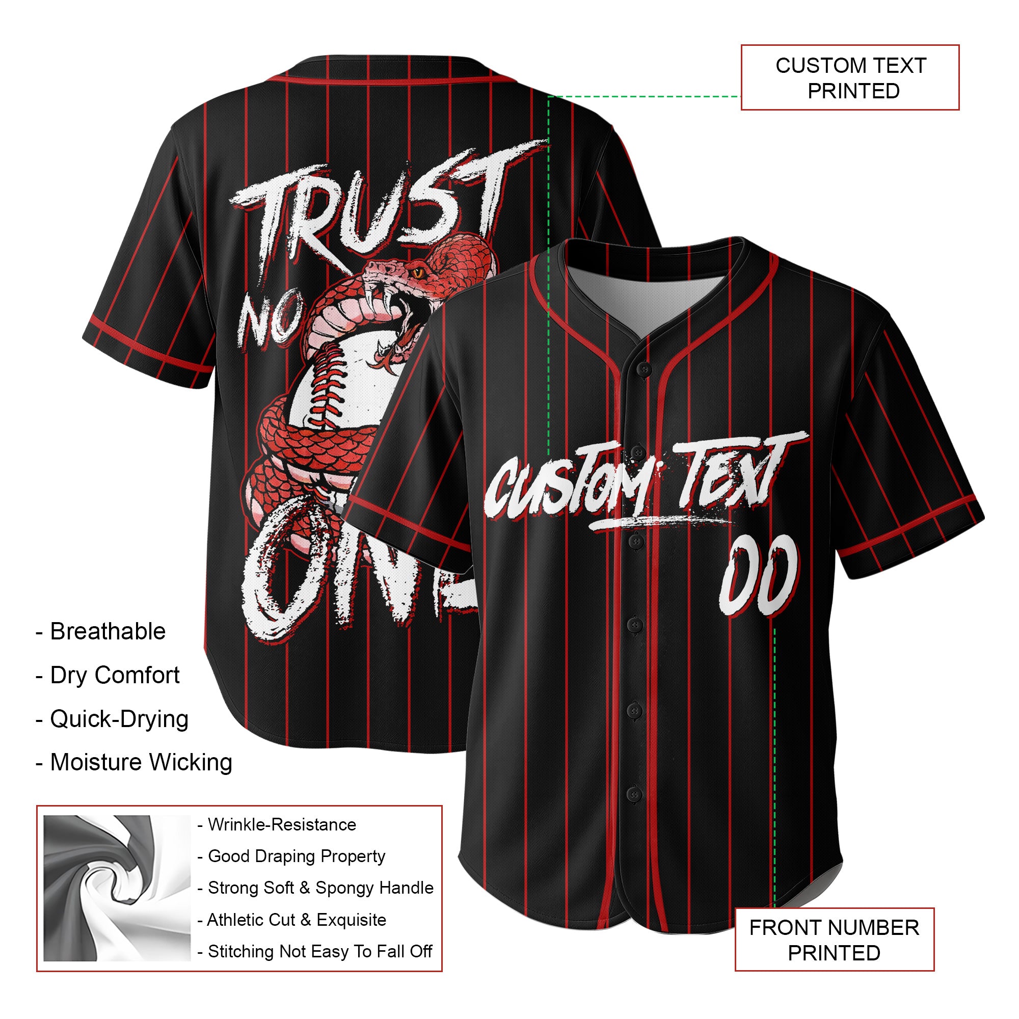 Trust No One - Custom Black Red Baseball Jersey