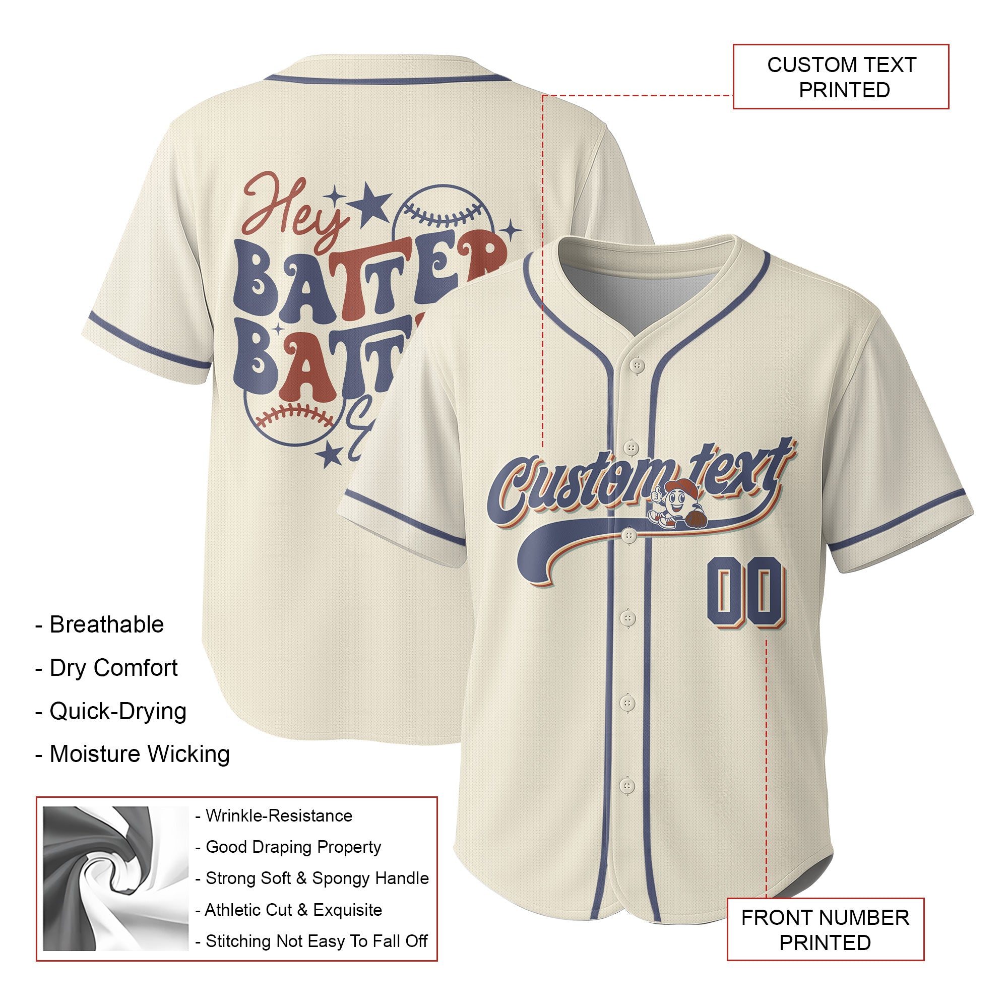 Hey Batter Batter Swing - Custom Cream Navy Baseball Jersey