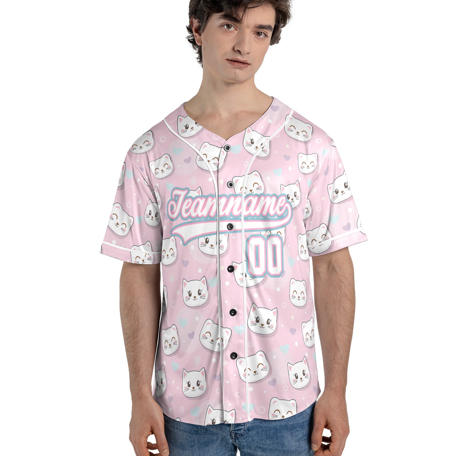 Custom Baseball Jersey – Pink Cat Pattern