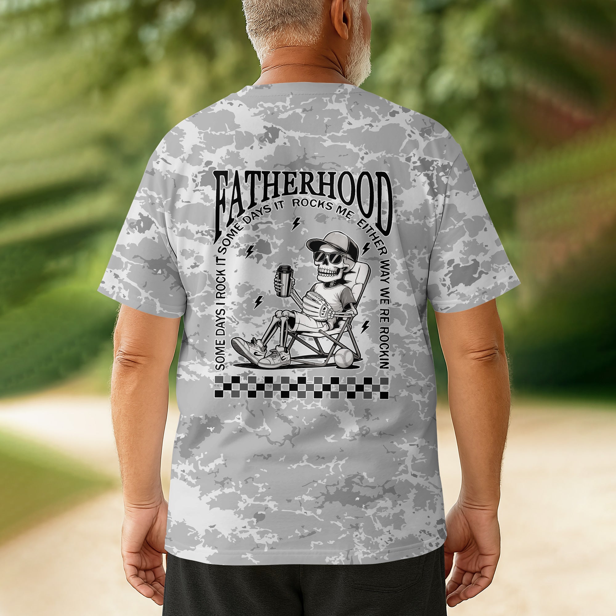 Fatherhood - Some Days I Rock It, Some Days It Rocks Me, Either Way We're Rockin All Over Print T-Shirt