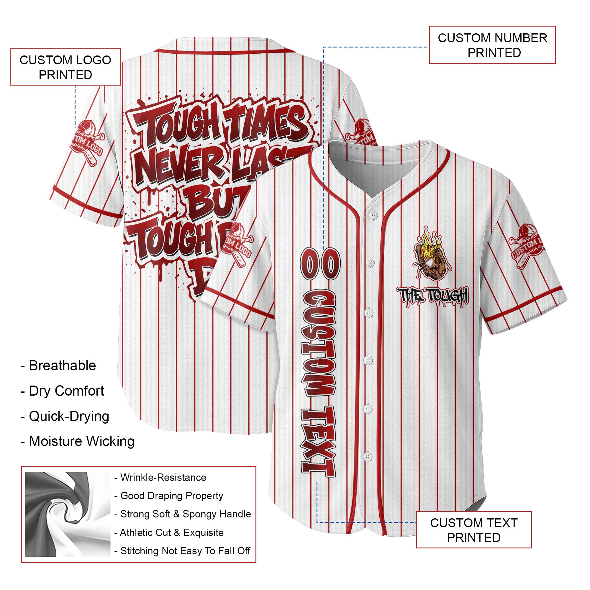 Custom Red Striped Baseball Jersey - Tough People Never Fall