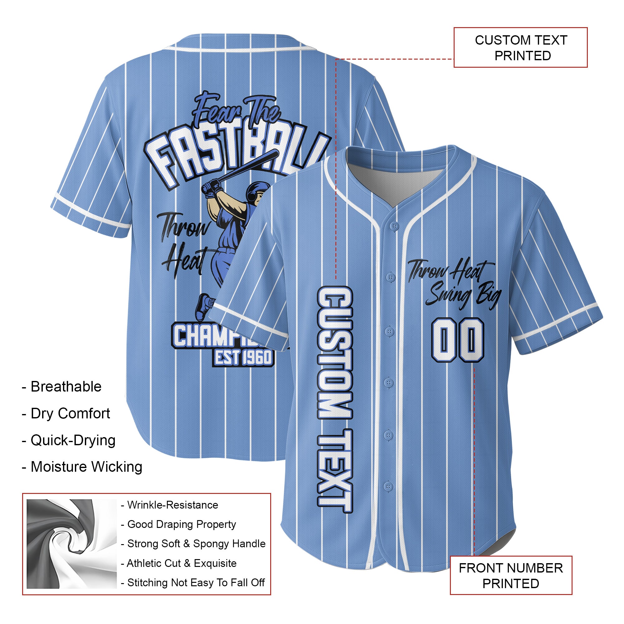 Throw Heat Swing Big - Custom Light Blue with White Stripes Baseball Jersey